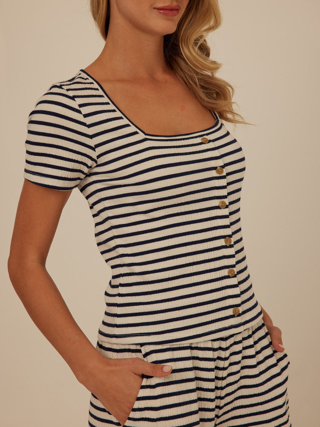 Jamila Smocked Jersey Short Sleeve Top with Square Neckline