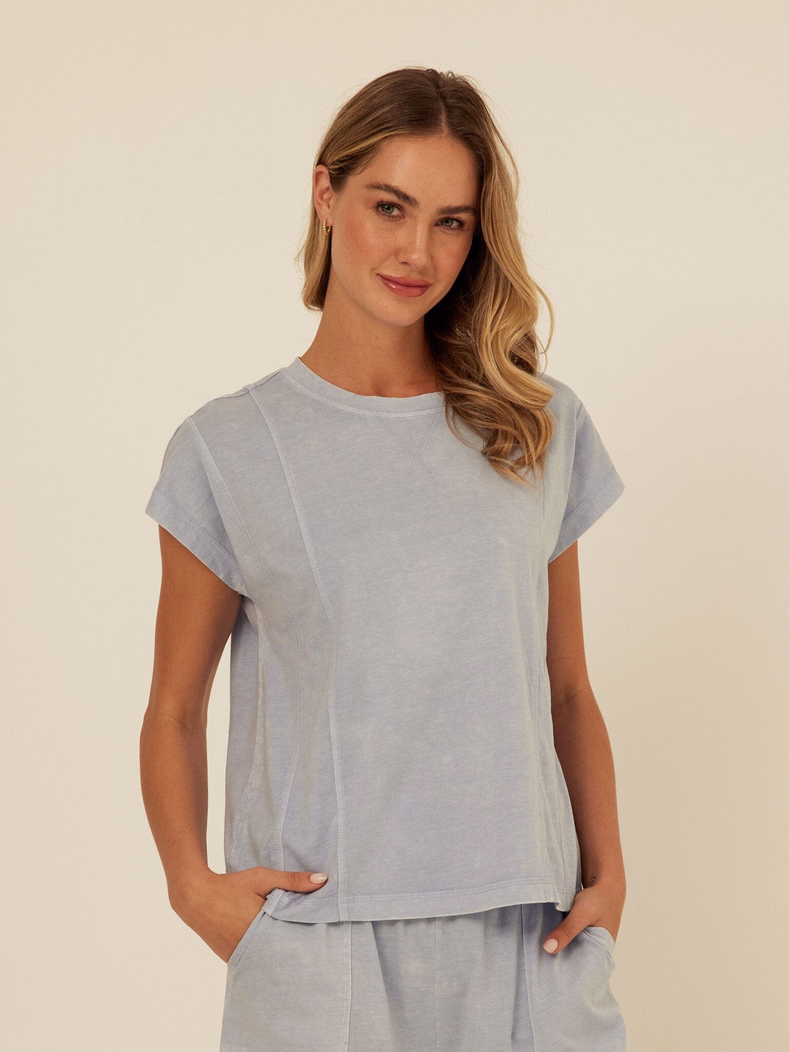 Women's Laurie Mineral Wash Eco Jersey Tee in blue and light-blue colors