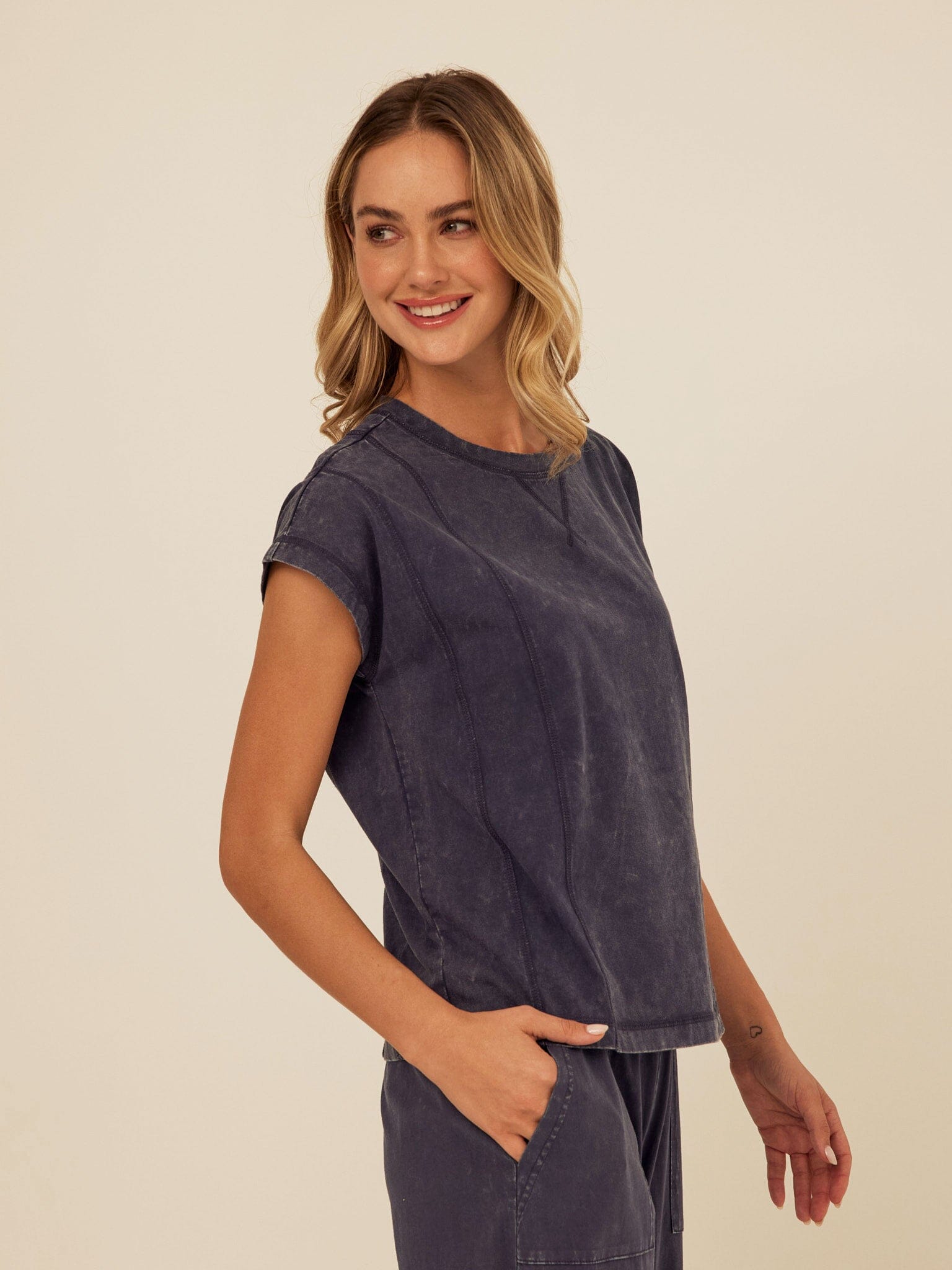 Laurie Mineral Wash Eco Jersey Tee with Cap Sleeves & Relaxed Fit