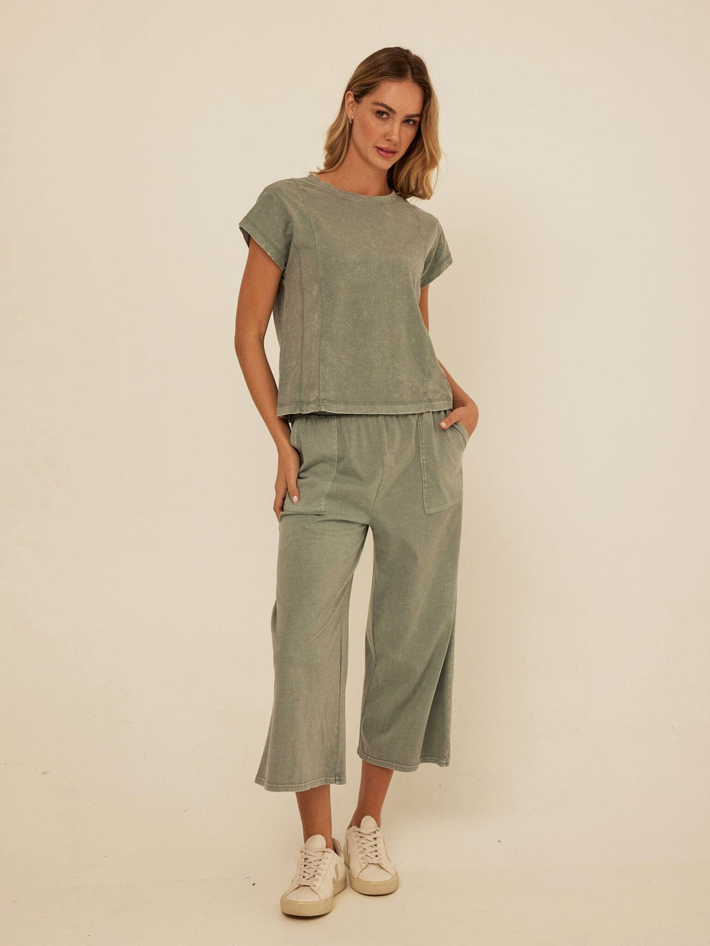 Laurie Mineral Wash Eco Jersey Tee in Muted Sage Green
