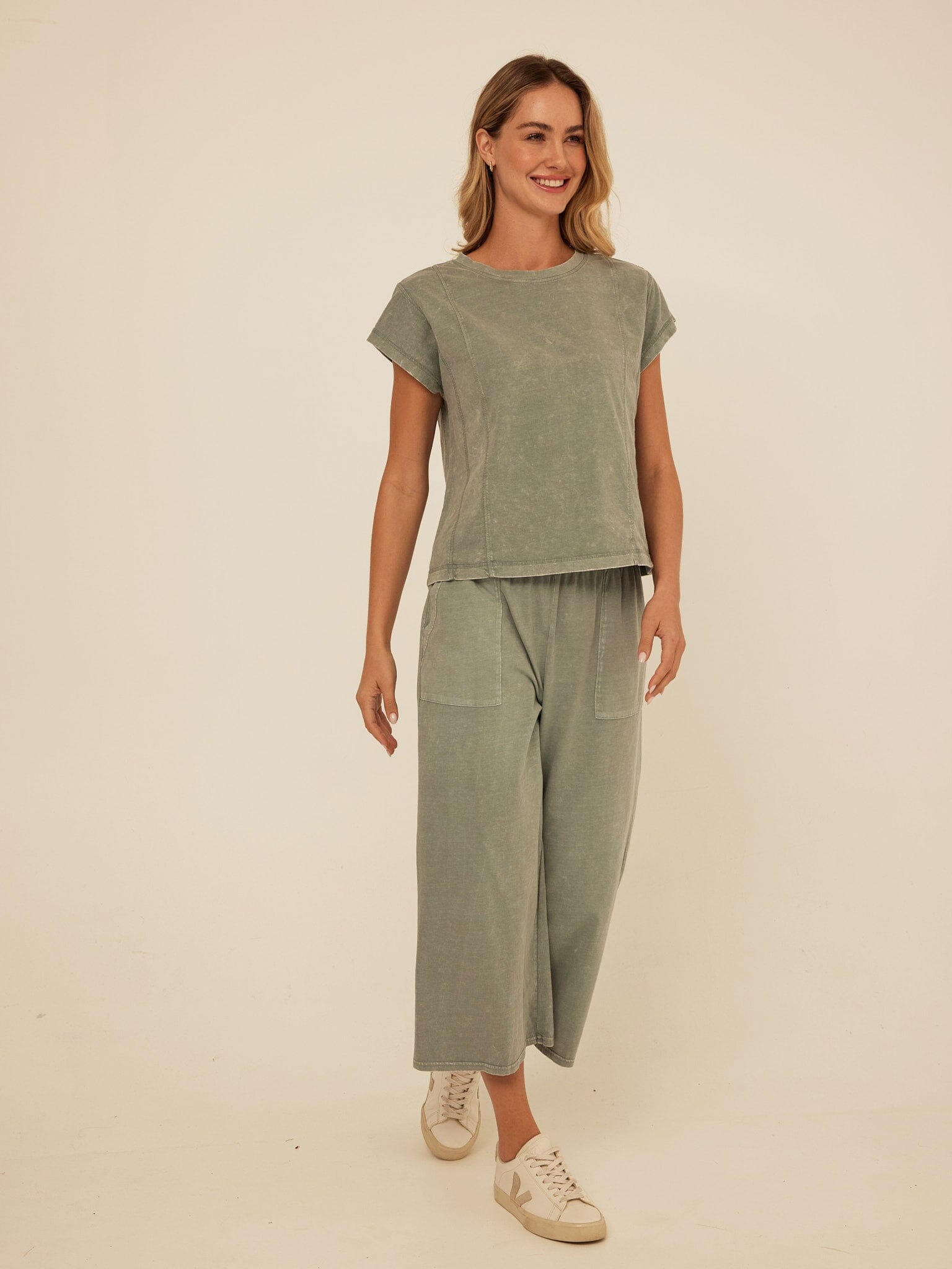 Laurie Mineral Wash Eco Jersey Tee in Muted Sage Green