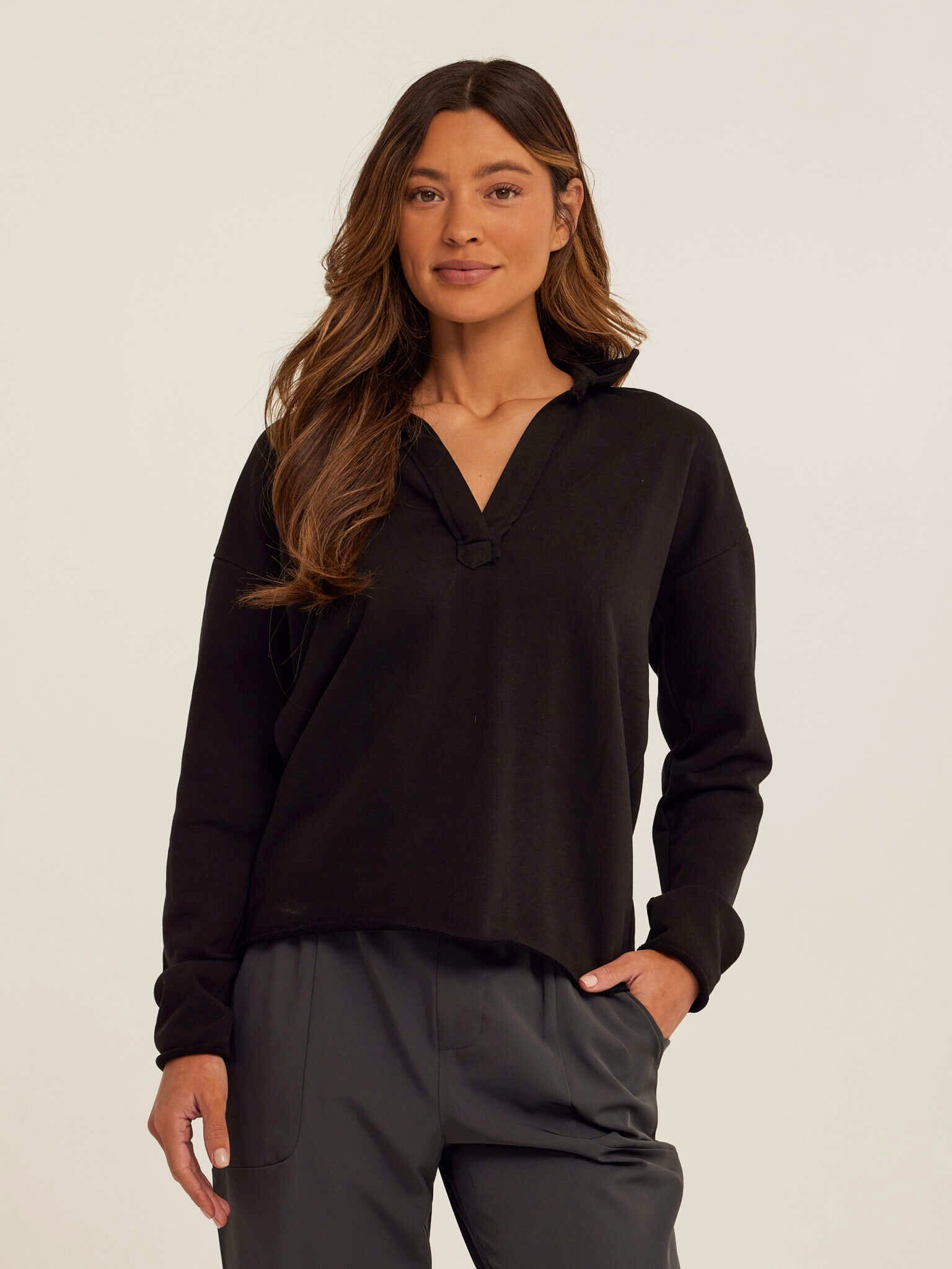 Lucetta Cotton Blend Terry Collar Top in Black