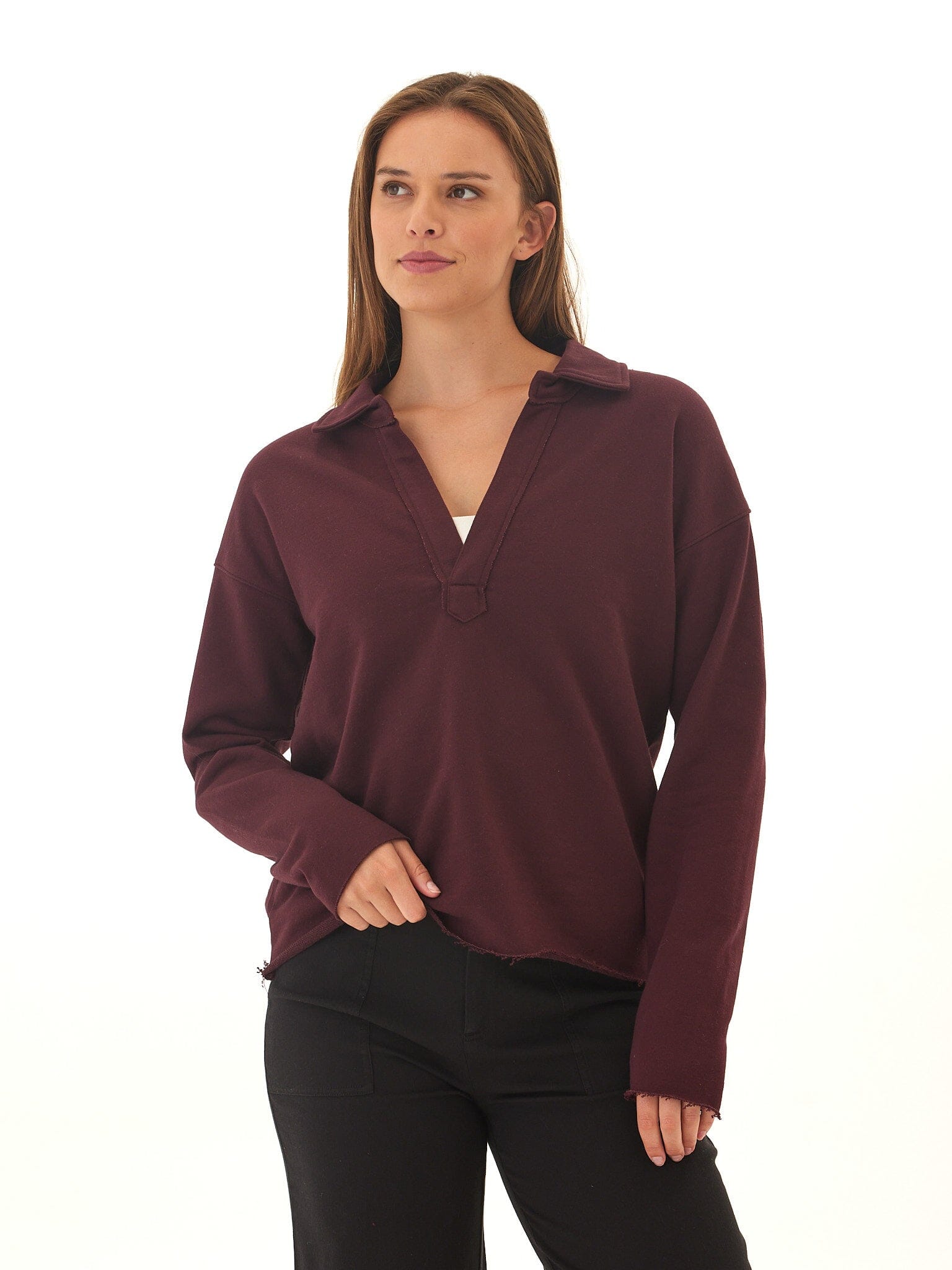 Lucetta Cotton Blend Terry Collar Top in a relaxed fit with open V-neckline and raw-edge details