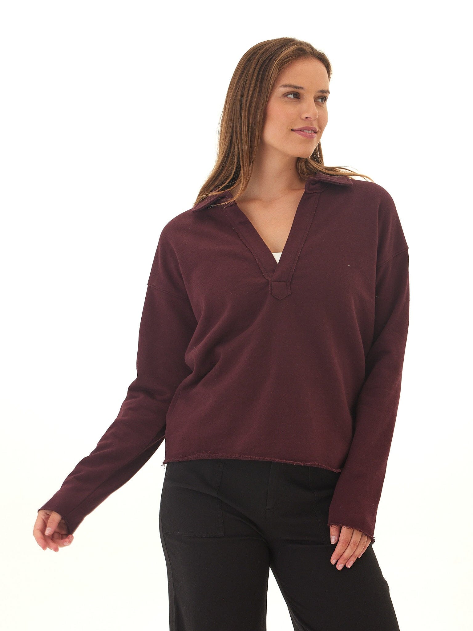 Lucetta Cotton Blend Terry Collar Top with V-Neckline