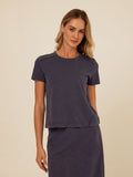 Women's crew neck tee in mineral wash eco jersey, available in navy and charcoal colorways.