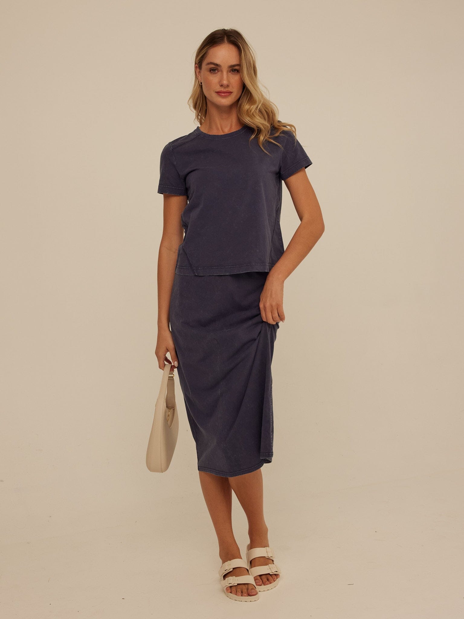 Adella Mineral Wash Eco Jersey Midi Skirt with Elastic Waistband