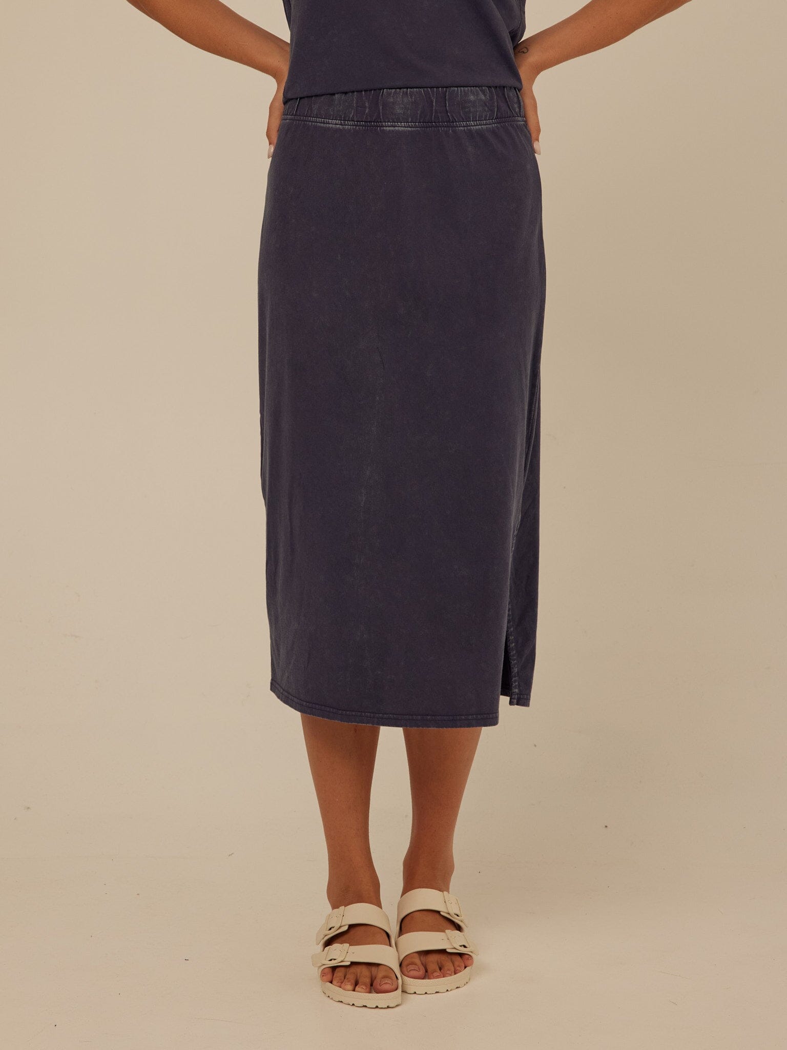 Adella Mineral Wash Eco Jersey Midi Skirt with Elastic Waistband