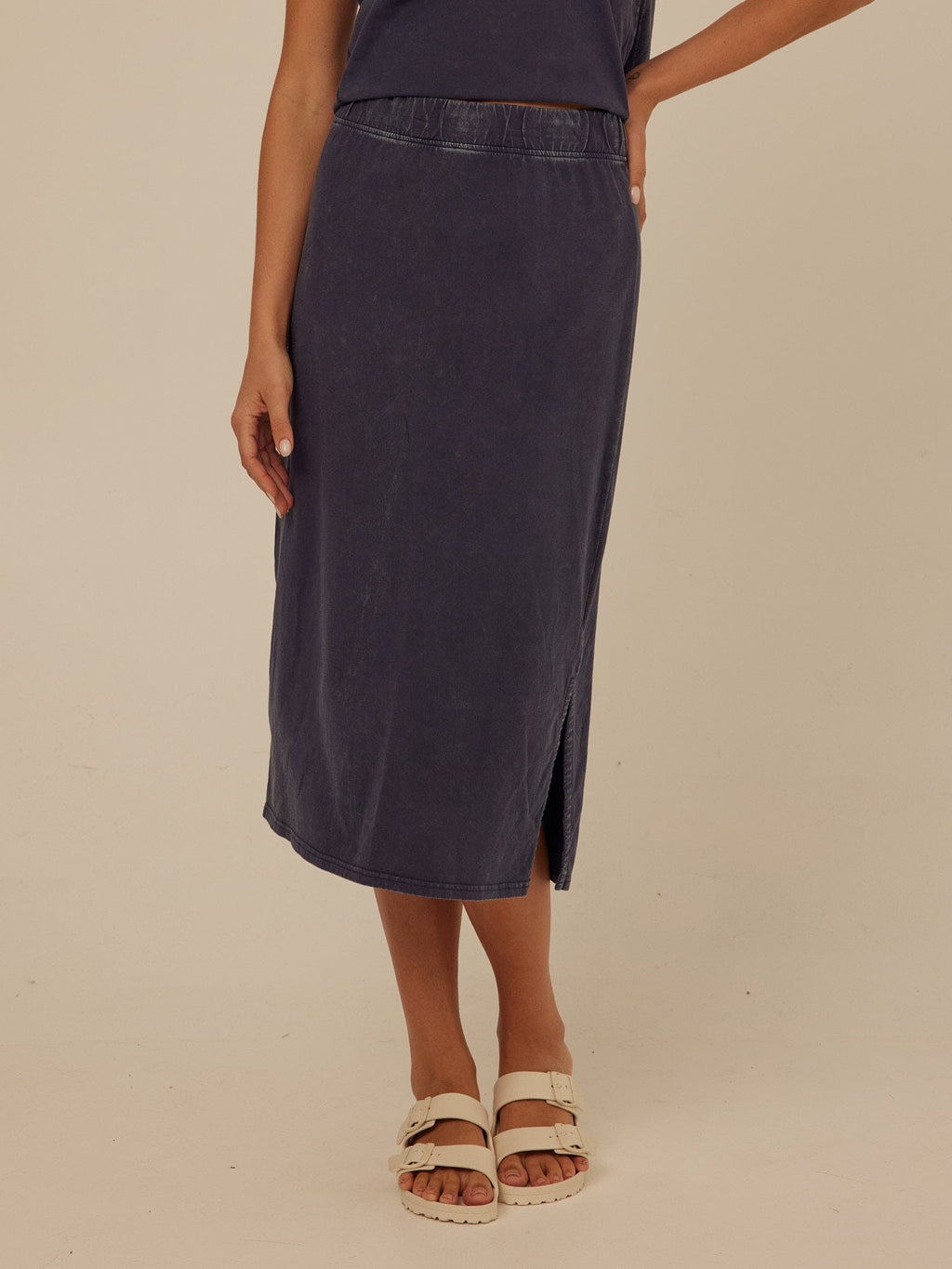 Adella Mineral Wash Eco Jersey Midi Skirt with Elastic Waistband