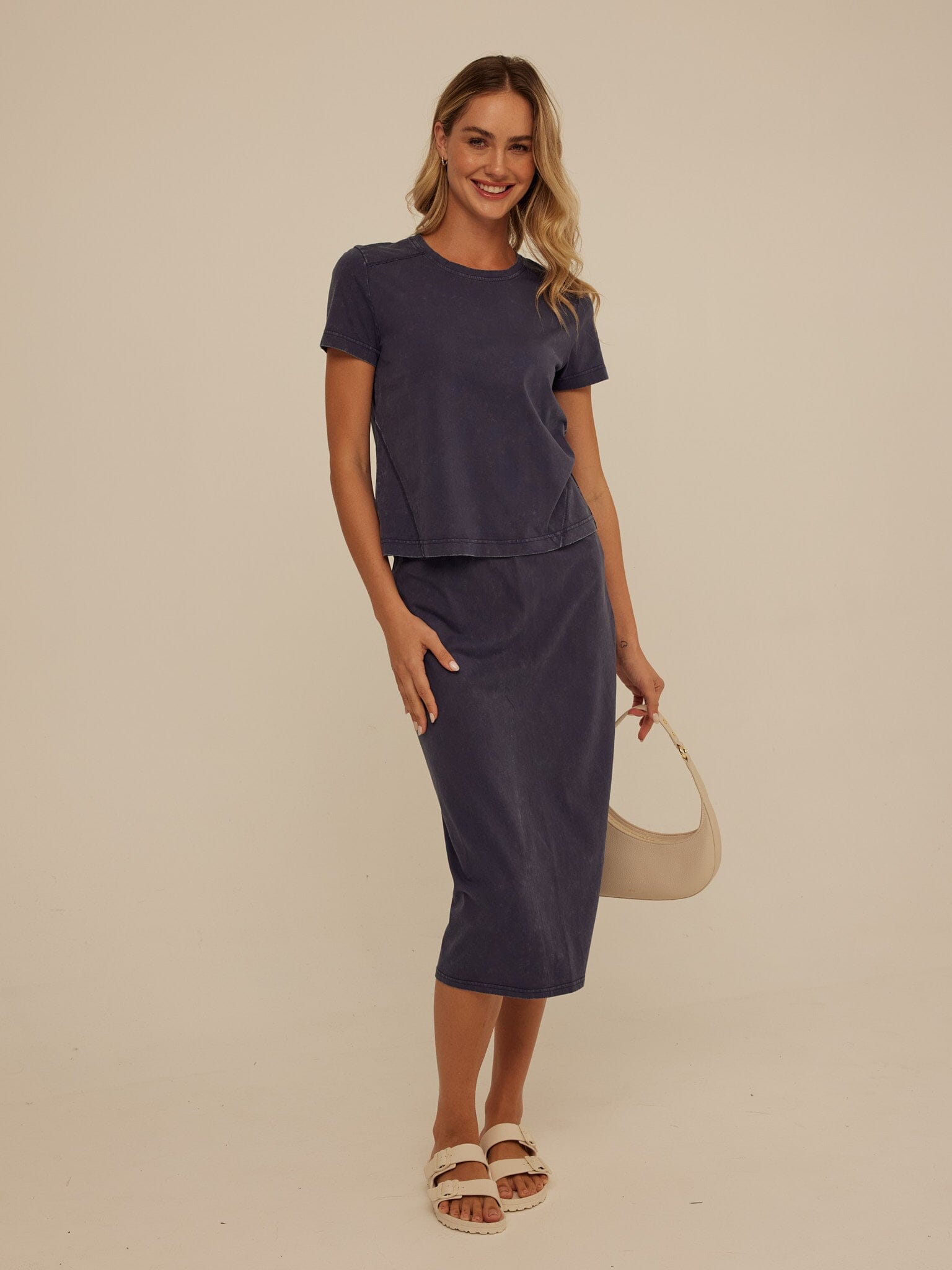 Adella Mineral Wash Eco Jersey Midi Skirt with Elastic Waistband