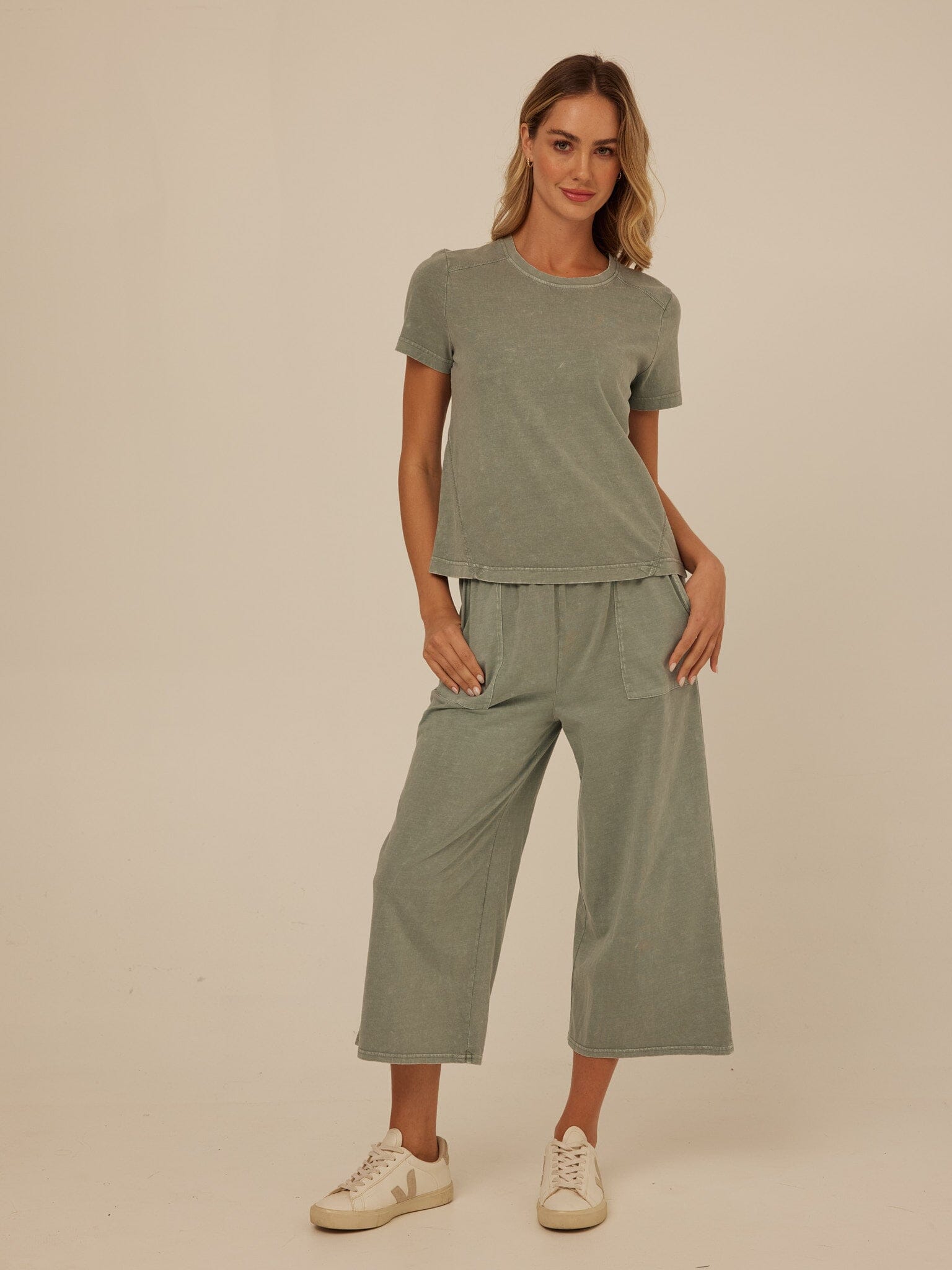 Alva Mineral Wash Eco Jersey Wide Leg Capri Pant in Sage Green