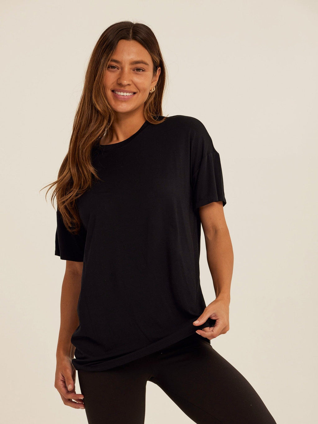 Women's Andie Tencel Jersey Relaxed Tee in solid black with a crew neckline