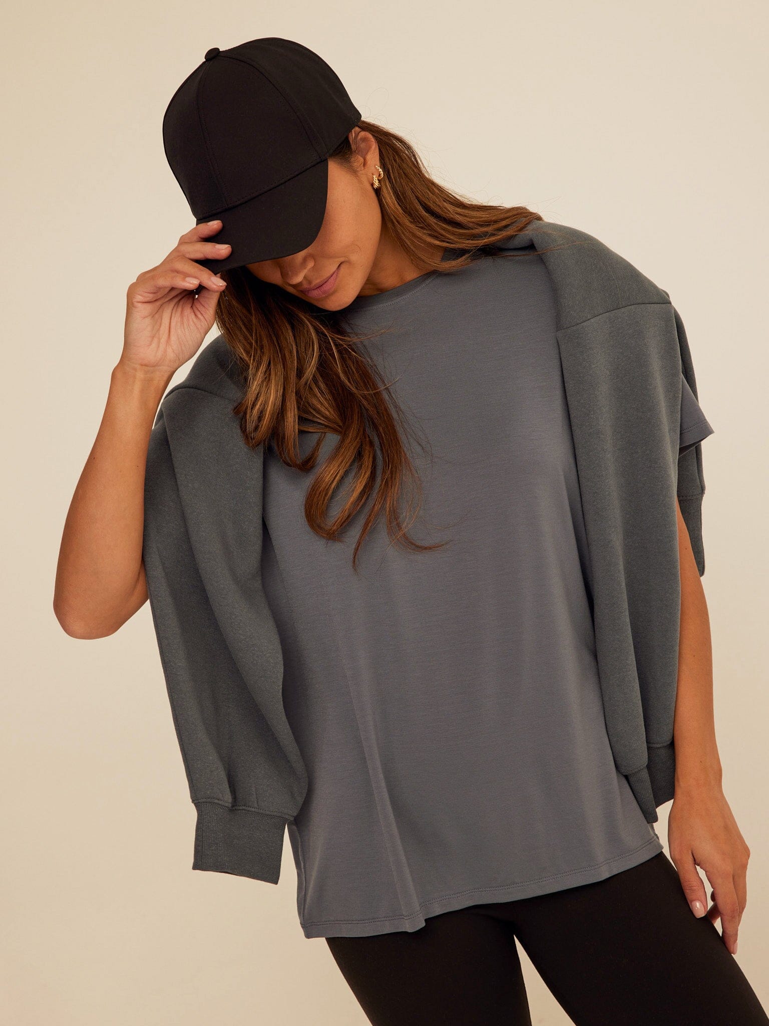 Women's grey Tencel jersey relaxed fit tee in a minimalist solid knit style