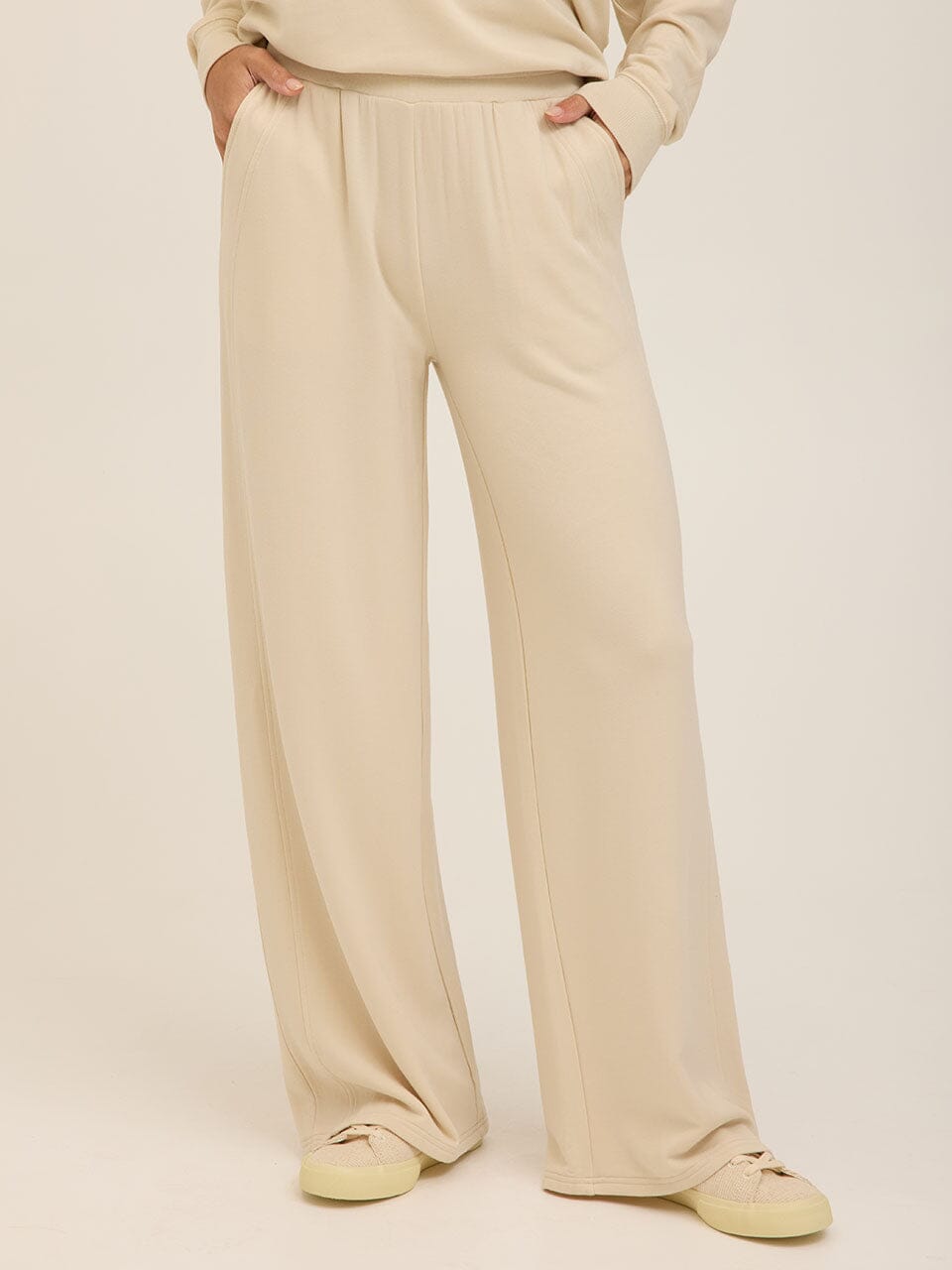 Core Feather Fleece High-Rise Wide-Leg Sweatpant in Cream