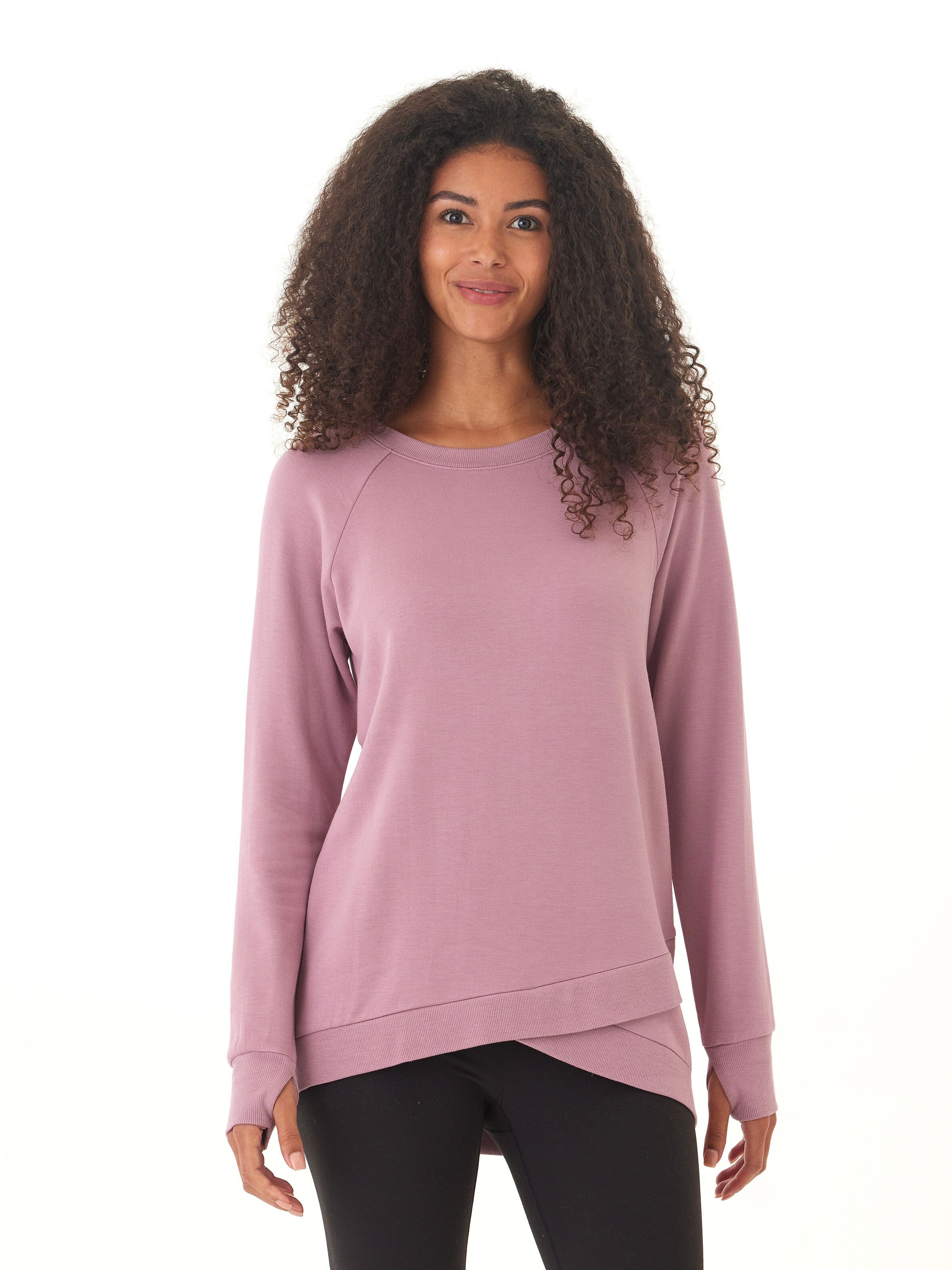 Leanna Feather Fleece tulip-hem tunic in dusty rose, styled with casual leggings.