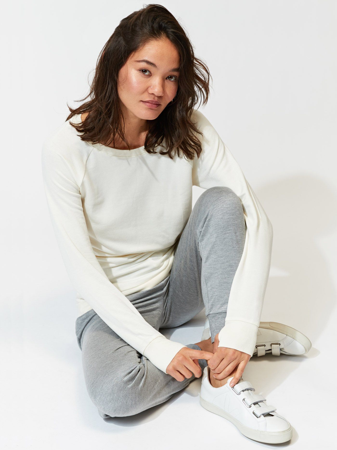 Leanna Feather Fleece Tulip-Hem Tunic in Off-White