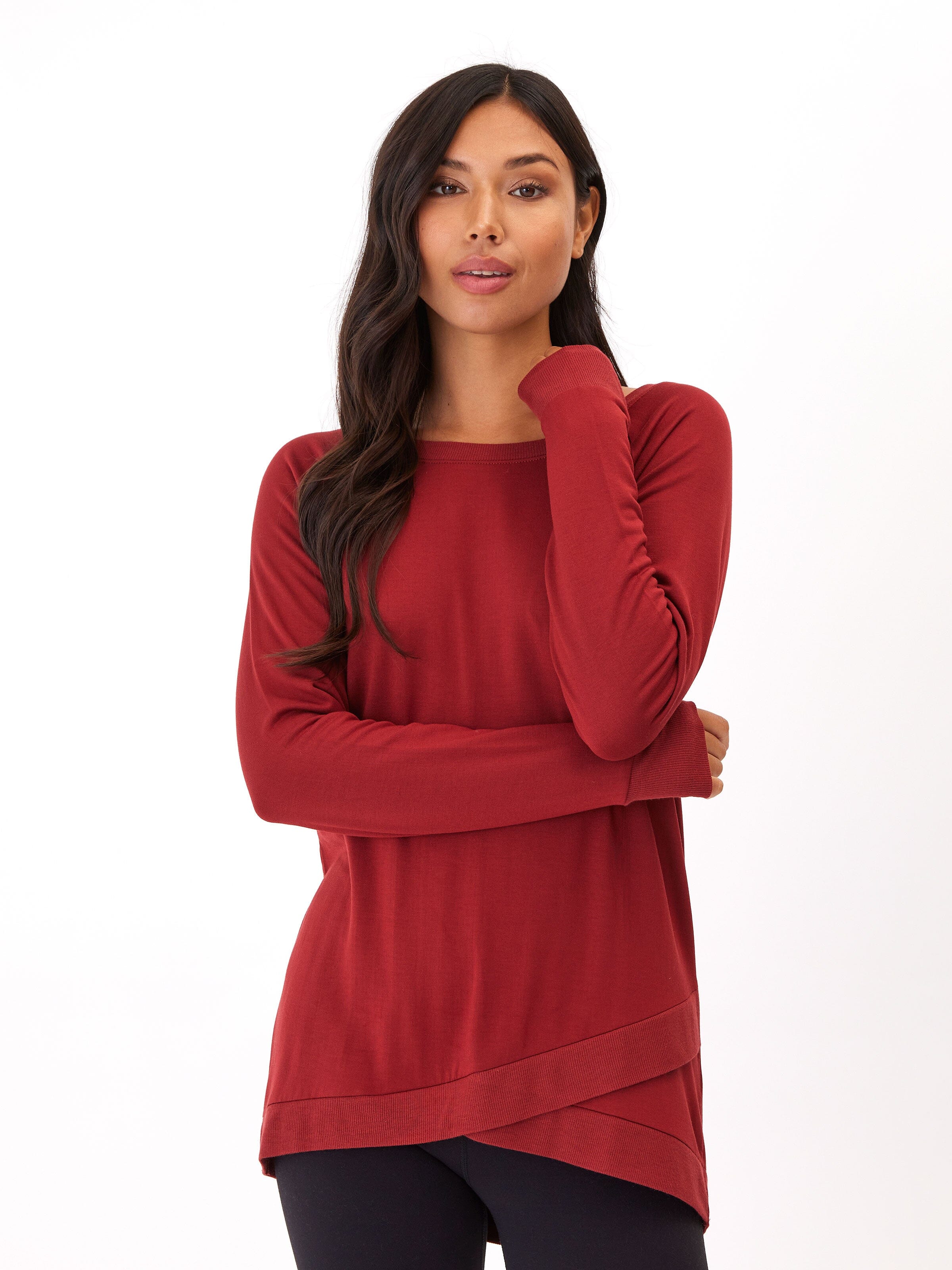 Leanna tulip-hem sweatshirt in deep red knit fabric