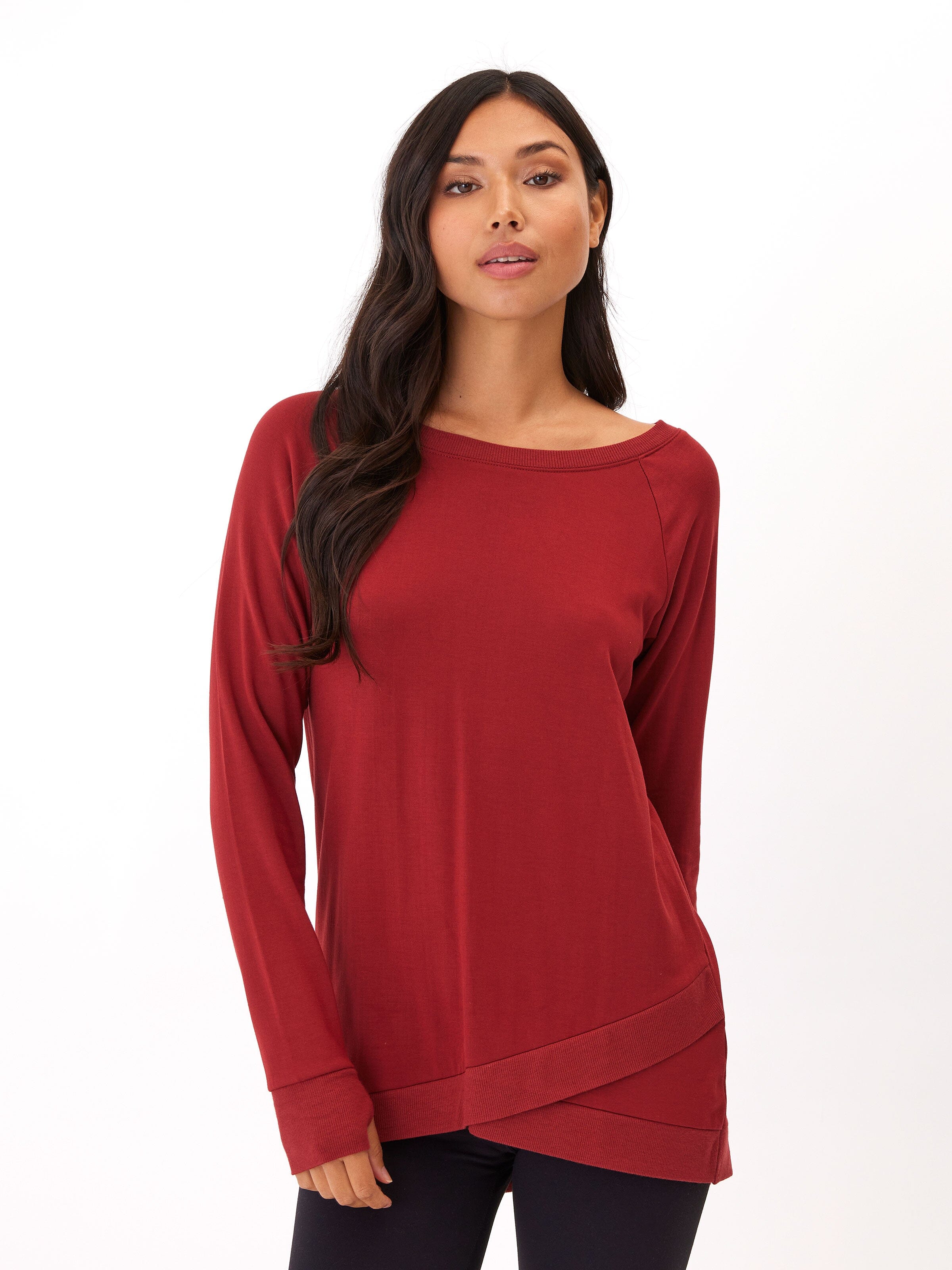 Leanna Feather Fleece Tunic in Deep Red Tulip-Hem Sweatshirt