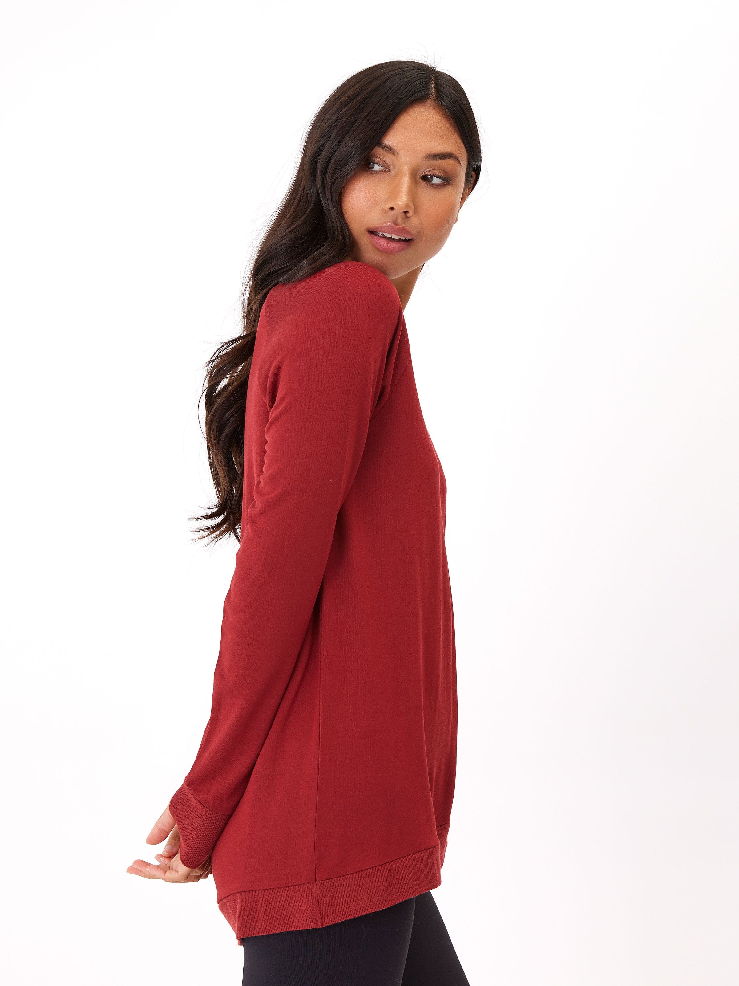 Leanna Feather Fleece Tunic in Deep Red Tulip-Hem Sweatshirt
