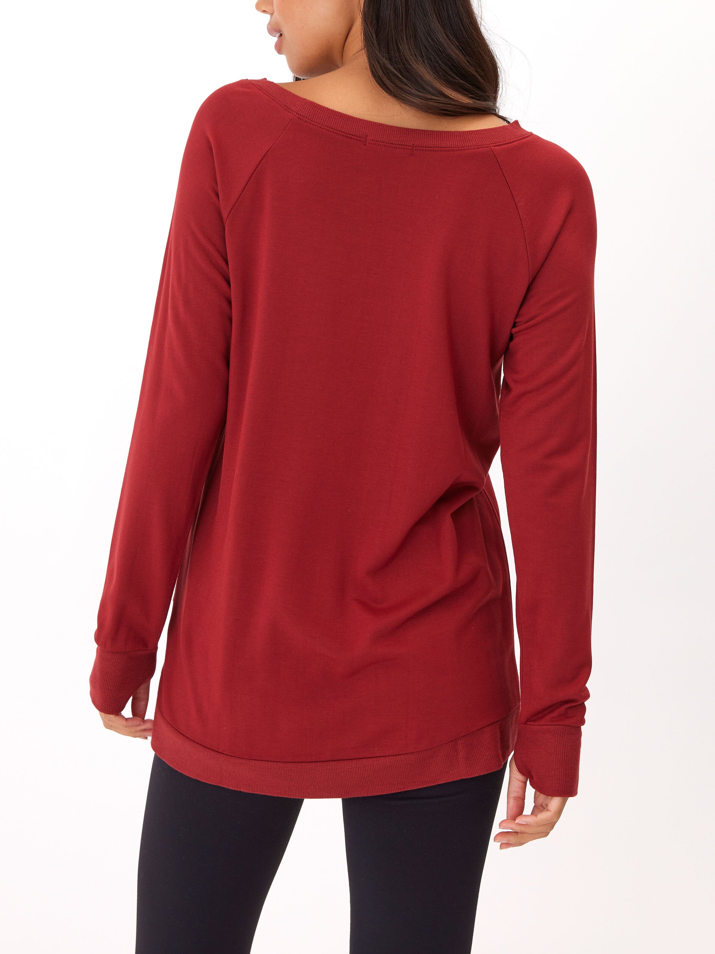 Leanna Feather Fleece Tunic in Deep Red Tulip-Hem Sweatshirt