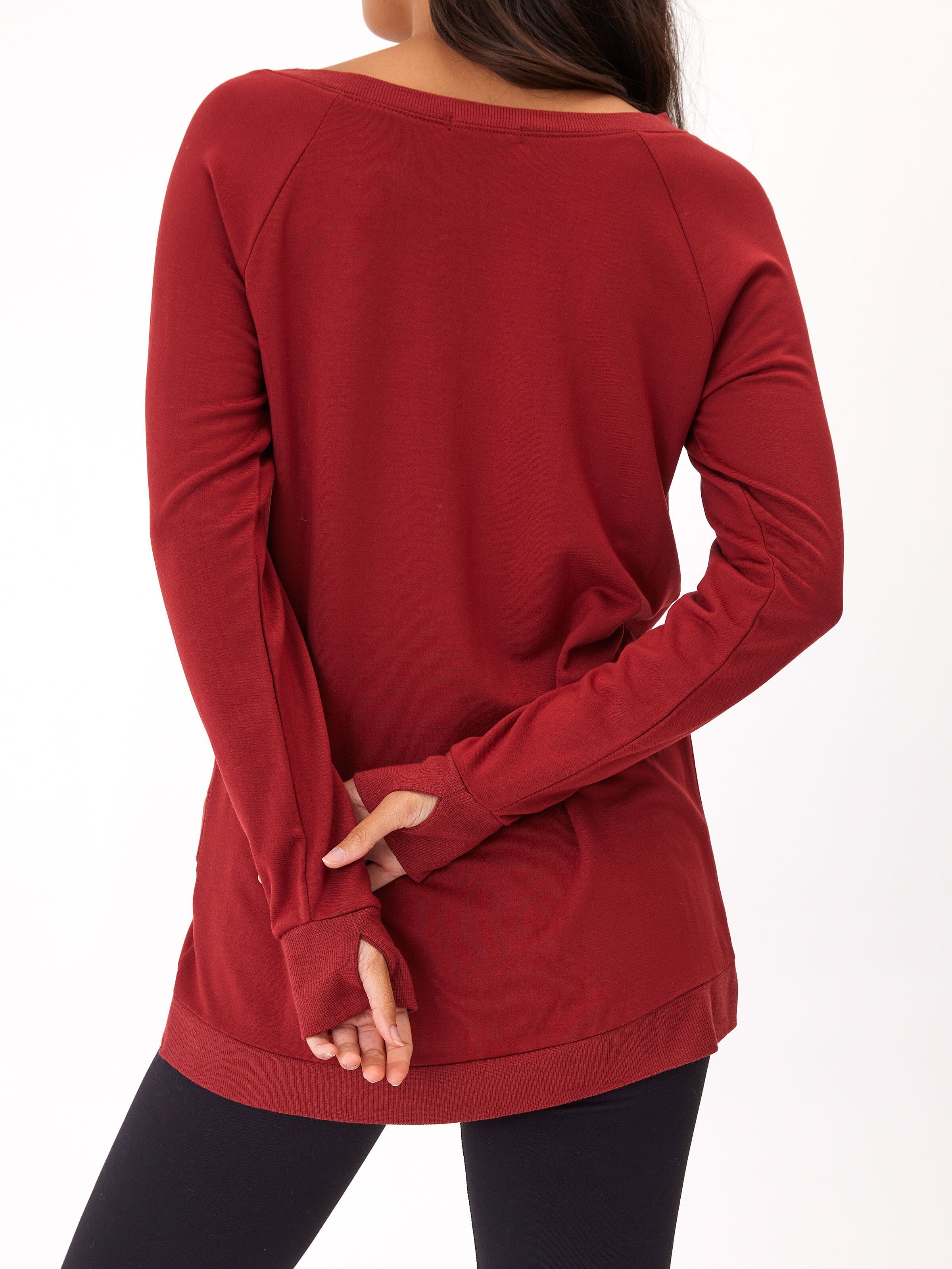 Leanna Feather Fleece Tunic in Deep Red Tulip-Hem Sweatshirt