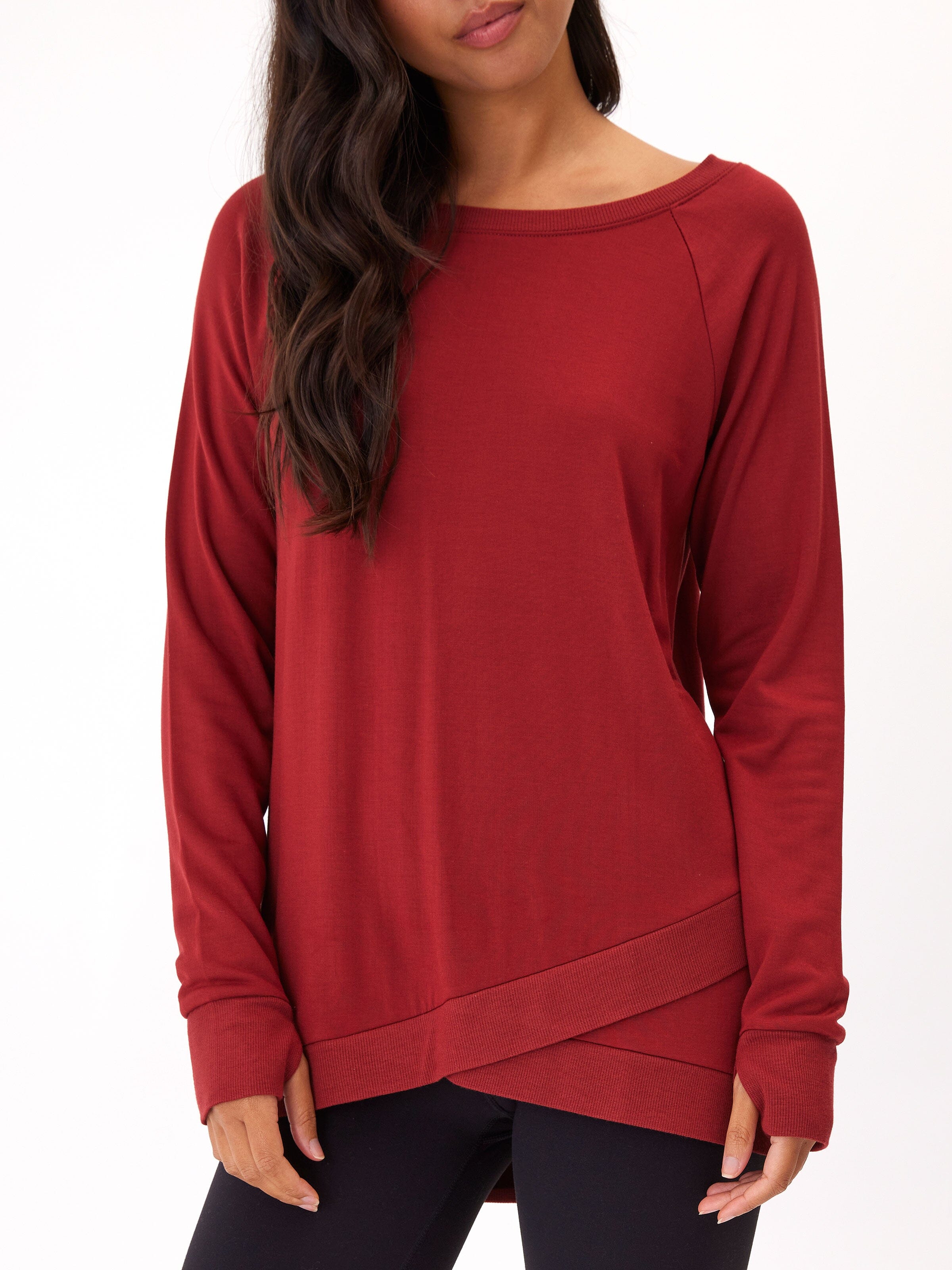 Leanna Feather Fleece Tunic in Deep Red Tulip-Hem Sweatshirt