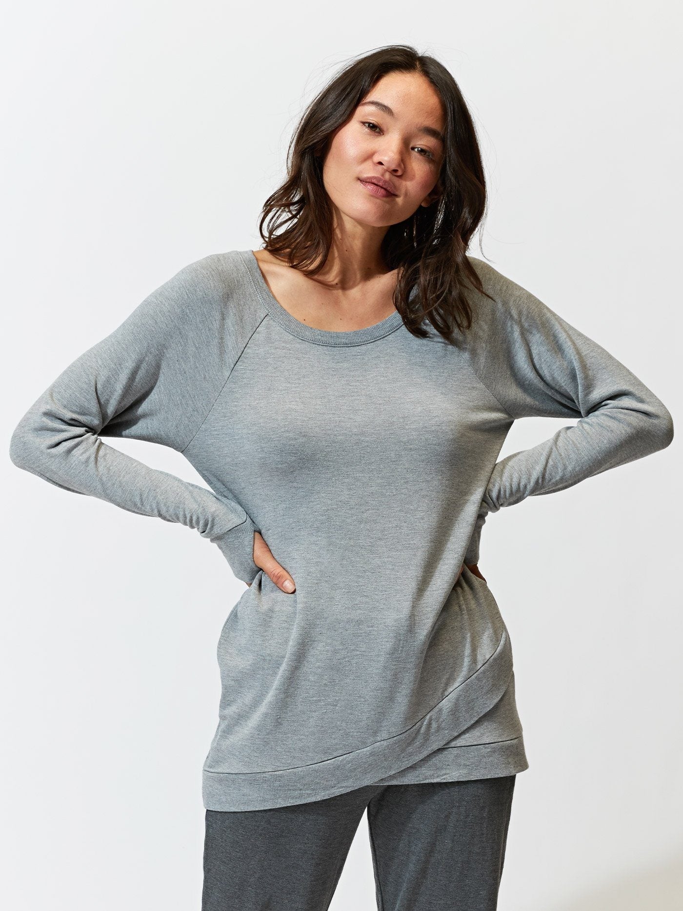 Leanna Feather Fleece Tulip-Hem Tunic in Grey