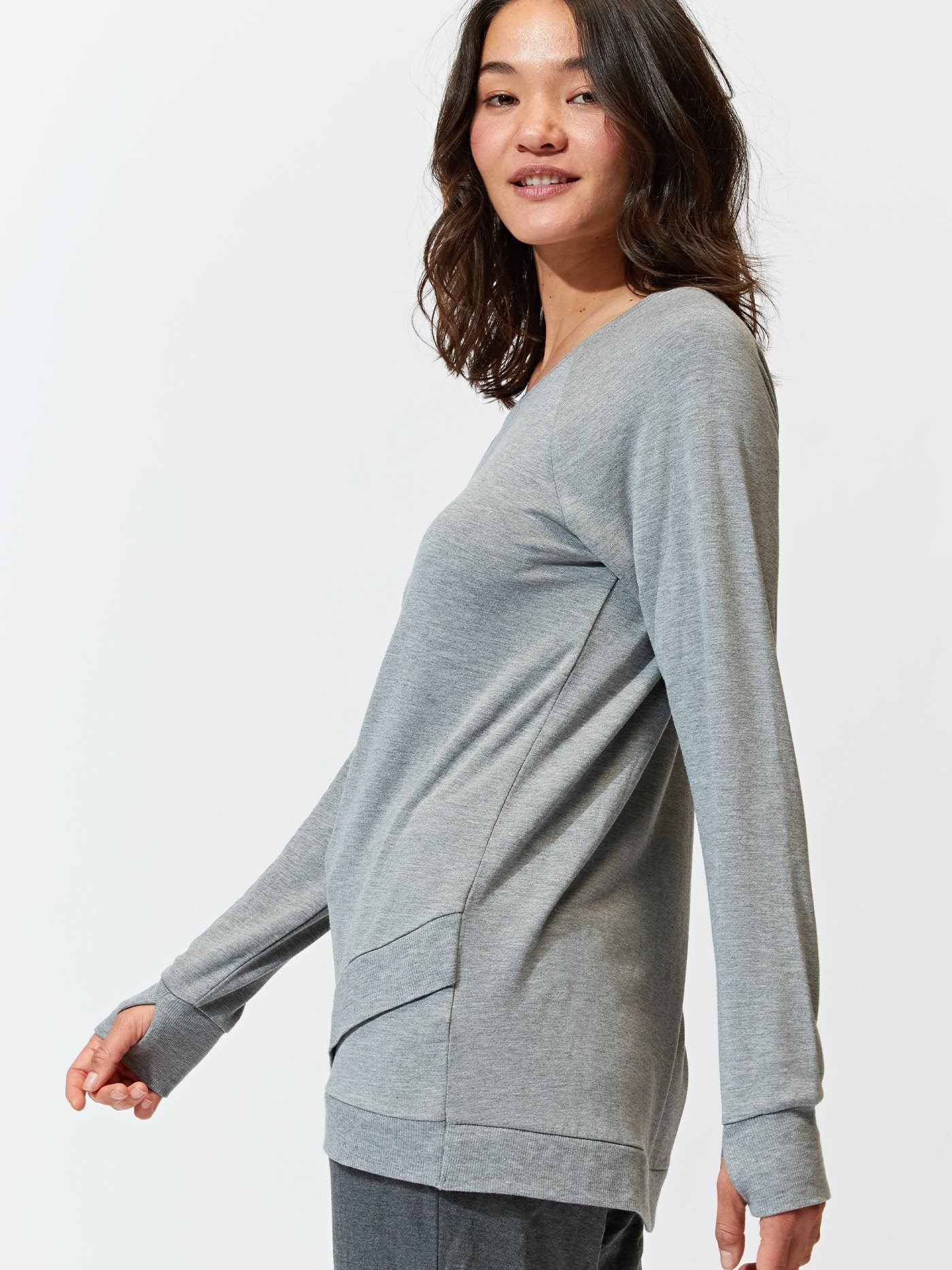 Leanna Feather Fleece Tulip-Hem Tunic in Grey