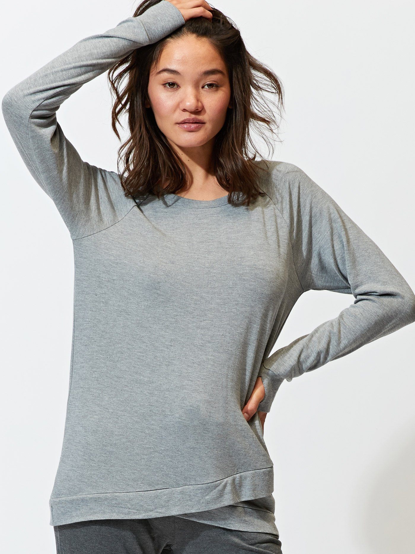 Leanna Feather Fleece Tulip-Hem Tunic in Grey