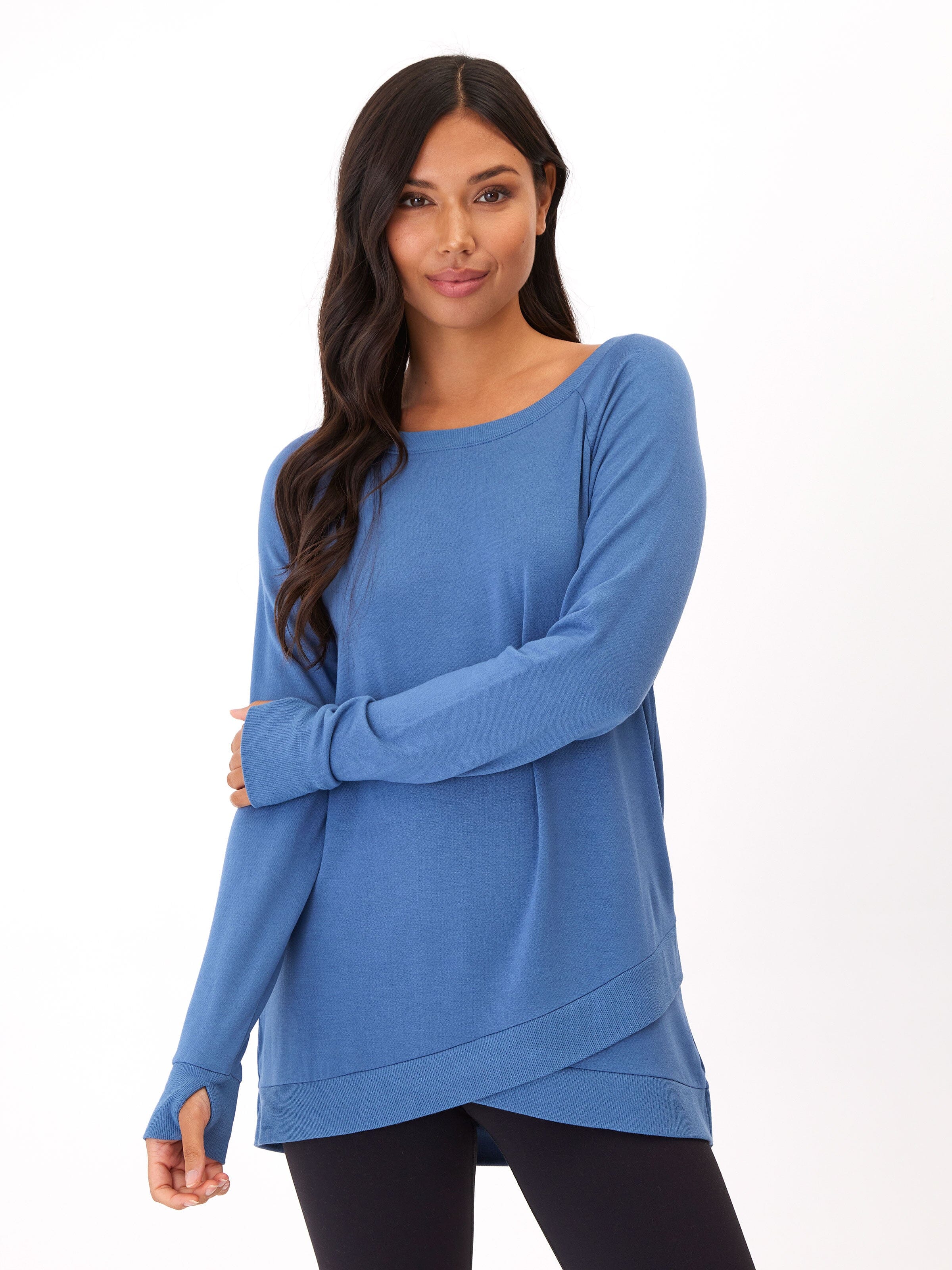 Leanna Feather Fleece Tulip Hem Tunic Sweatshirt in Blue