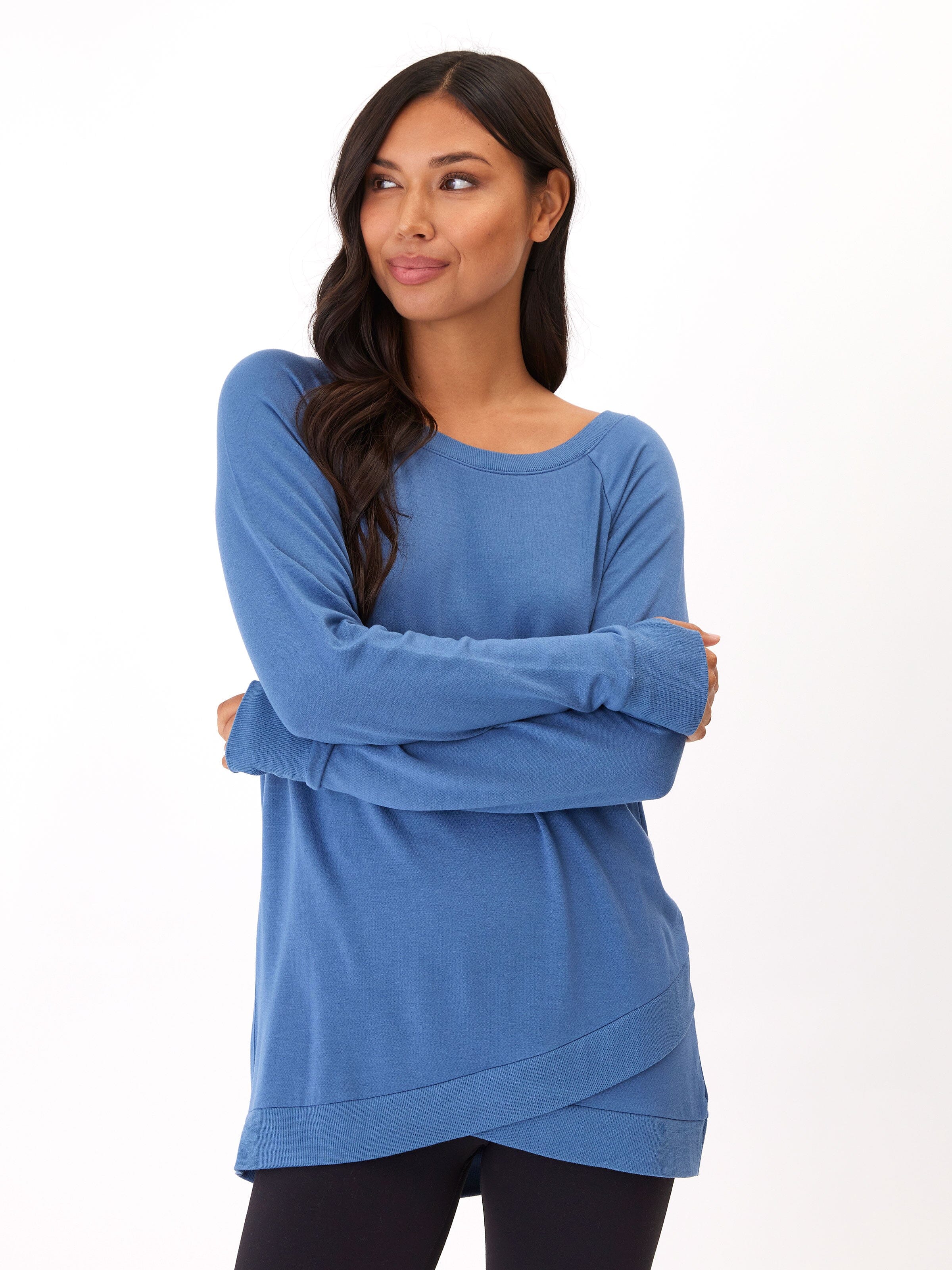 Leanna Feather Fleece Tulip Hem Tunic Sweatshirt in Blue