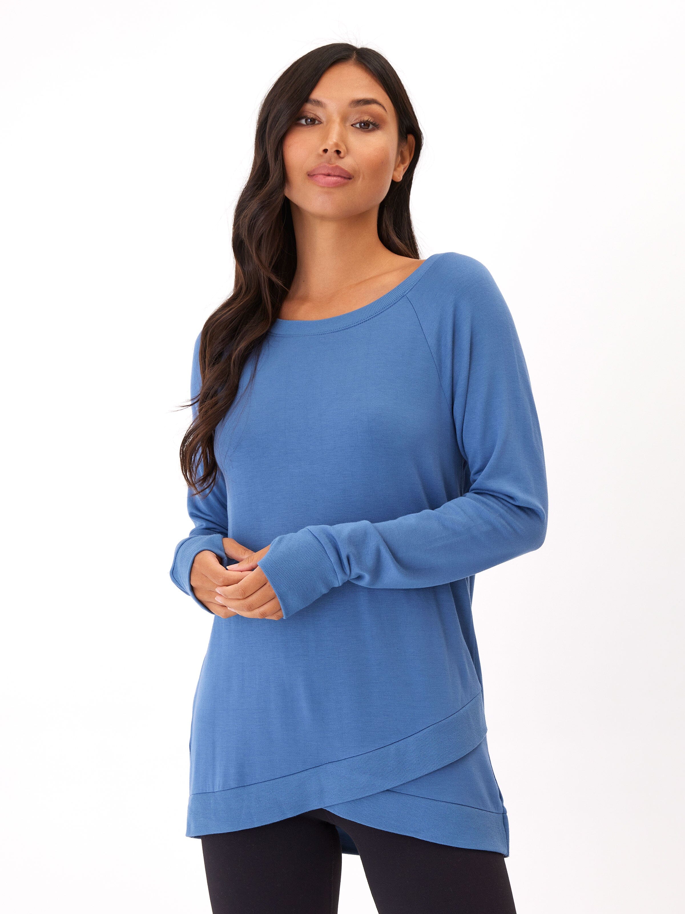 Leanna Feather Fleece Tulip Hem Tunic Sweatshirt in Blue