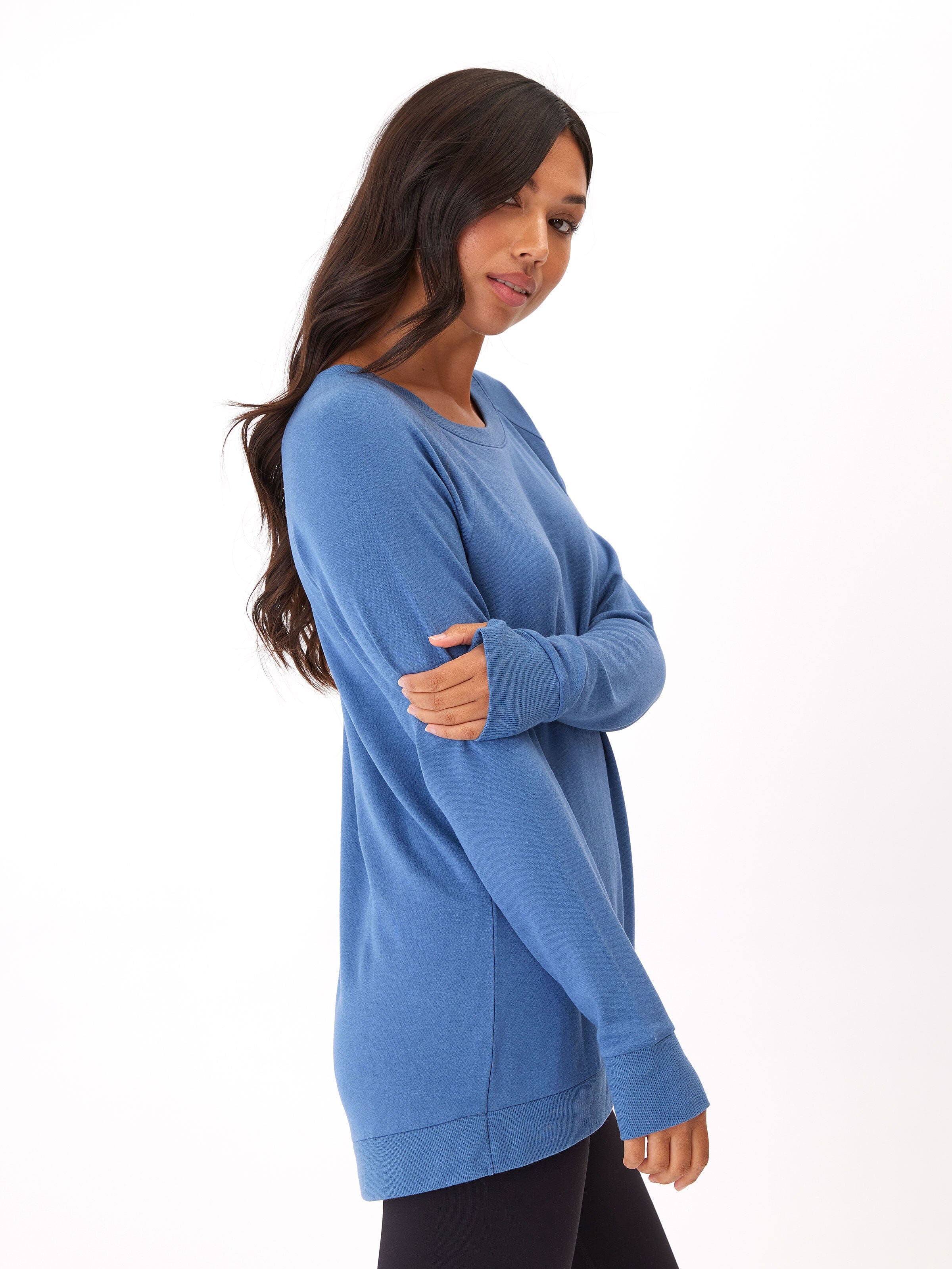 Leanna Feather Fleece Tulip Hem Tunic Sweatshirt in Blue