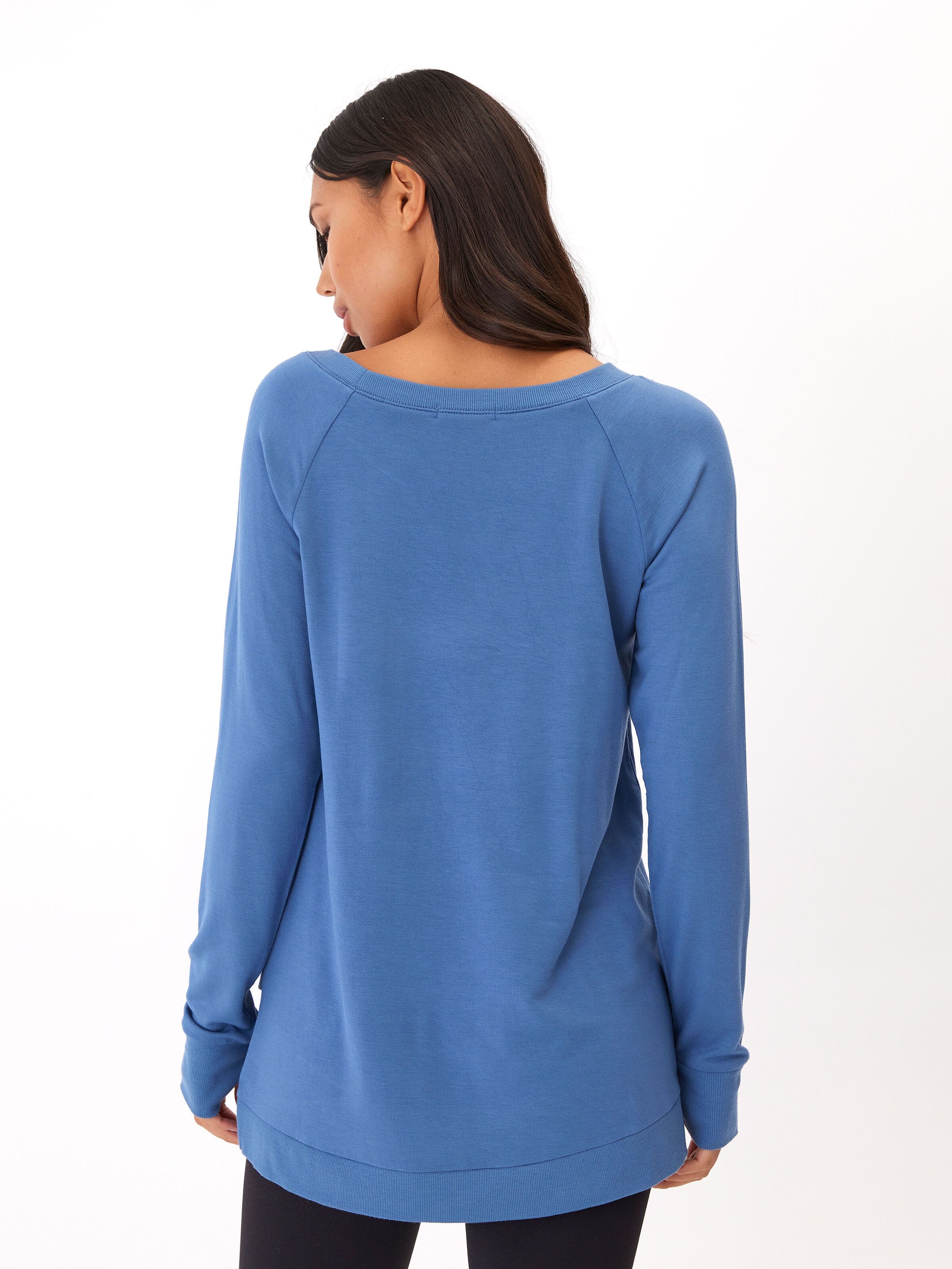 Leanna Feather Fleece Tulip Hem Tunic Sweatshirt in Blue