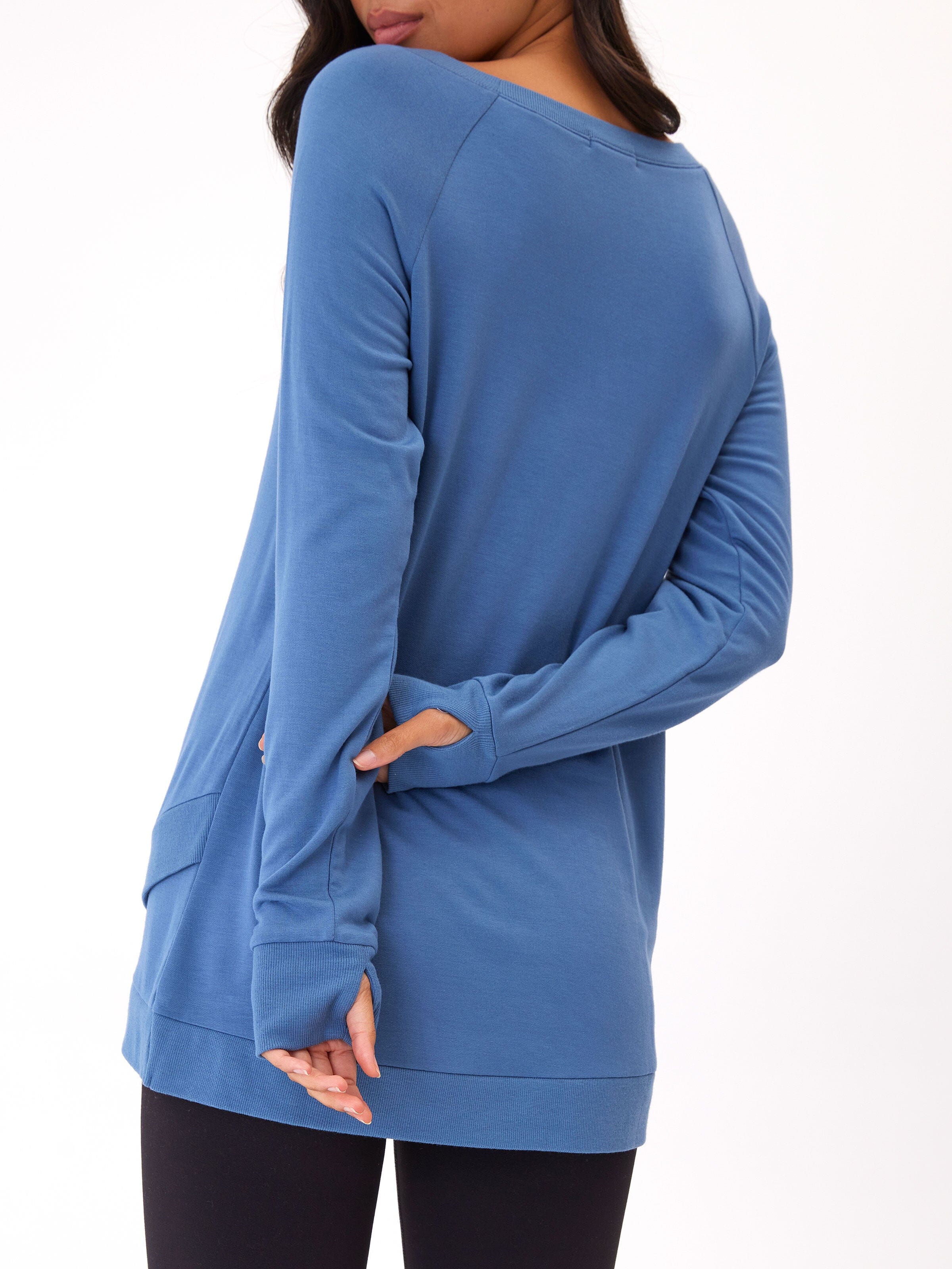 Leanna Feather Fleece Tulip Hem Tunic Sweatshirt in Blue