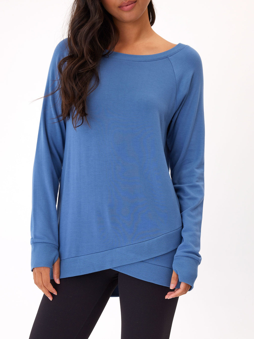 Leanna Feather Fleece Tulip Hem Tunic Sweatshirt in Blue