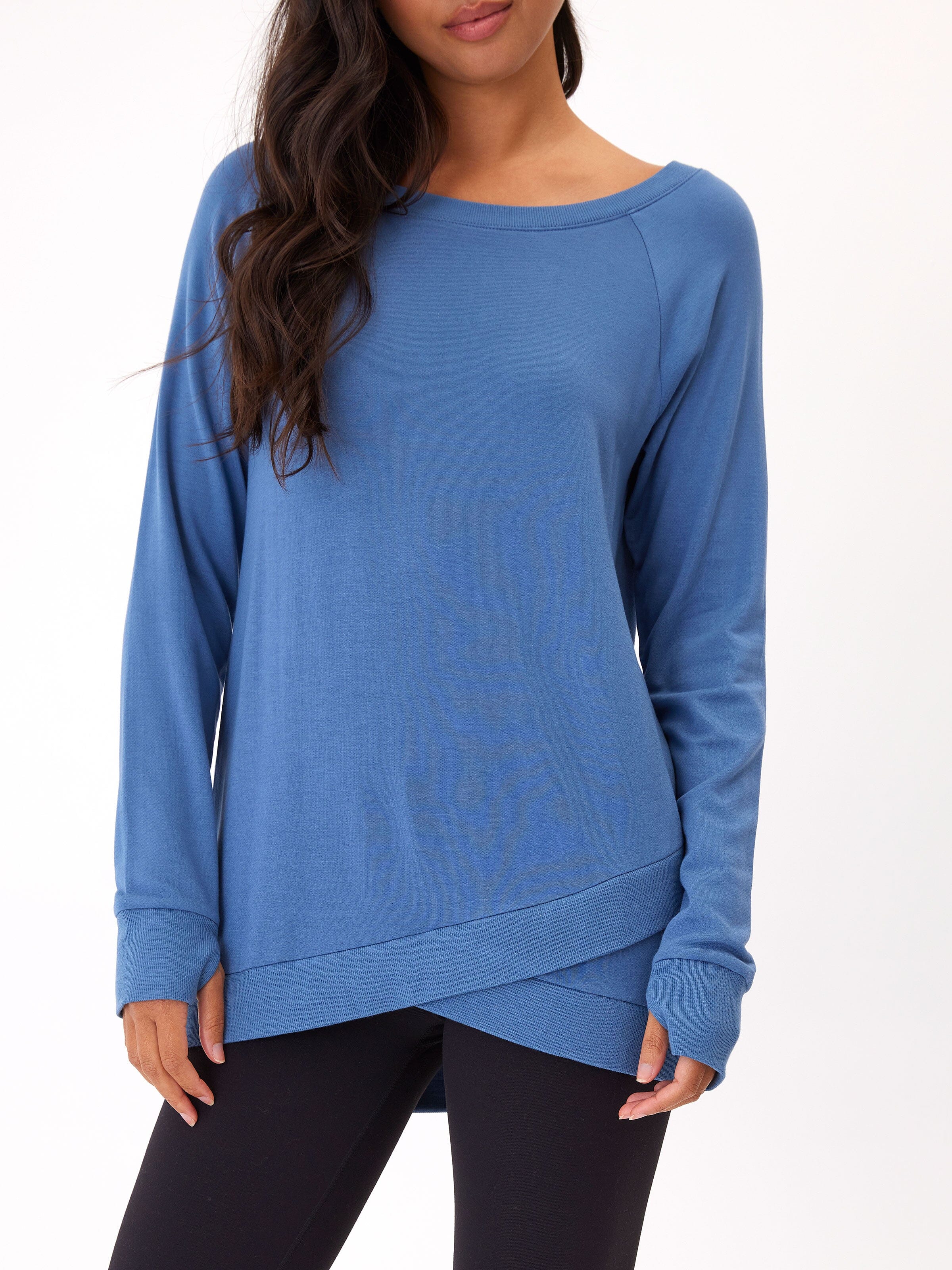 Leanna Feather Fleece Tulip Hem Tunic Sweatshirt in Blue