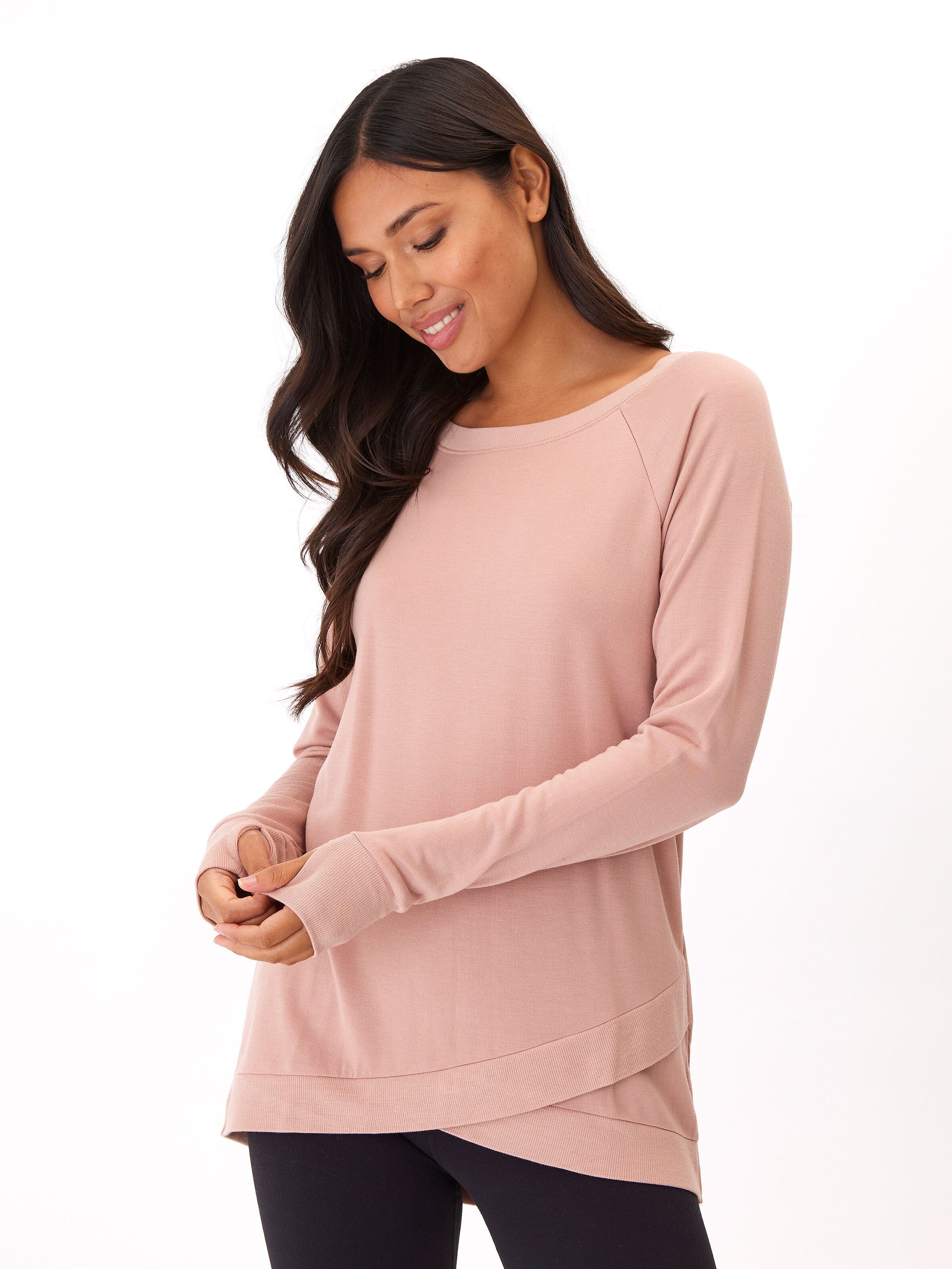 Leanna Feather Fleece Tunic in Dusty-Rose Tulip-Hem Sweatshirt