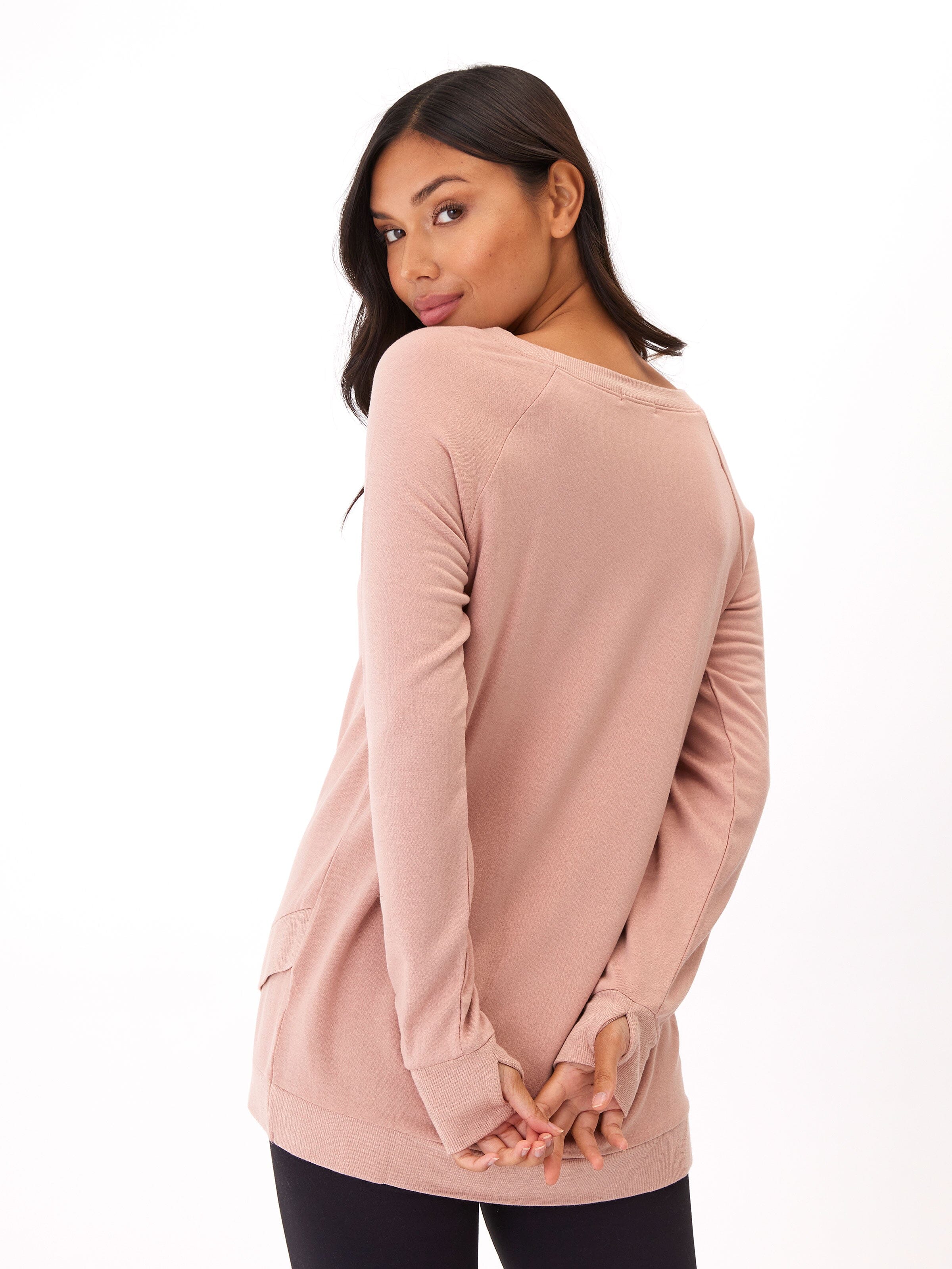Leanna tulip-hem tunic in dusty-rose FeatherLoop Fleece fabric