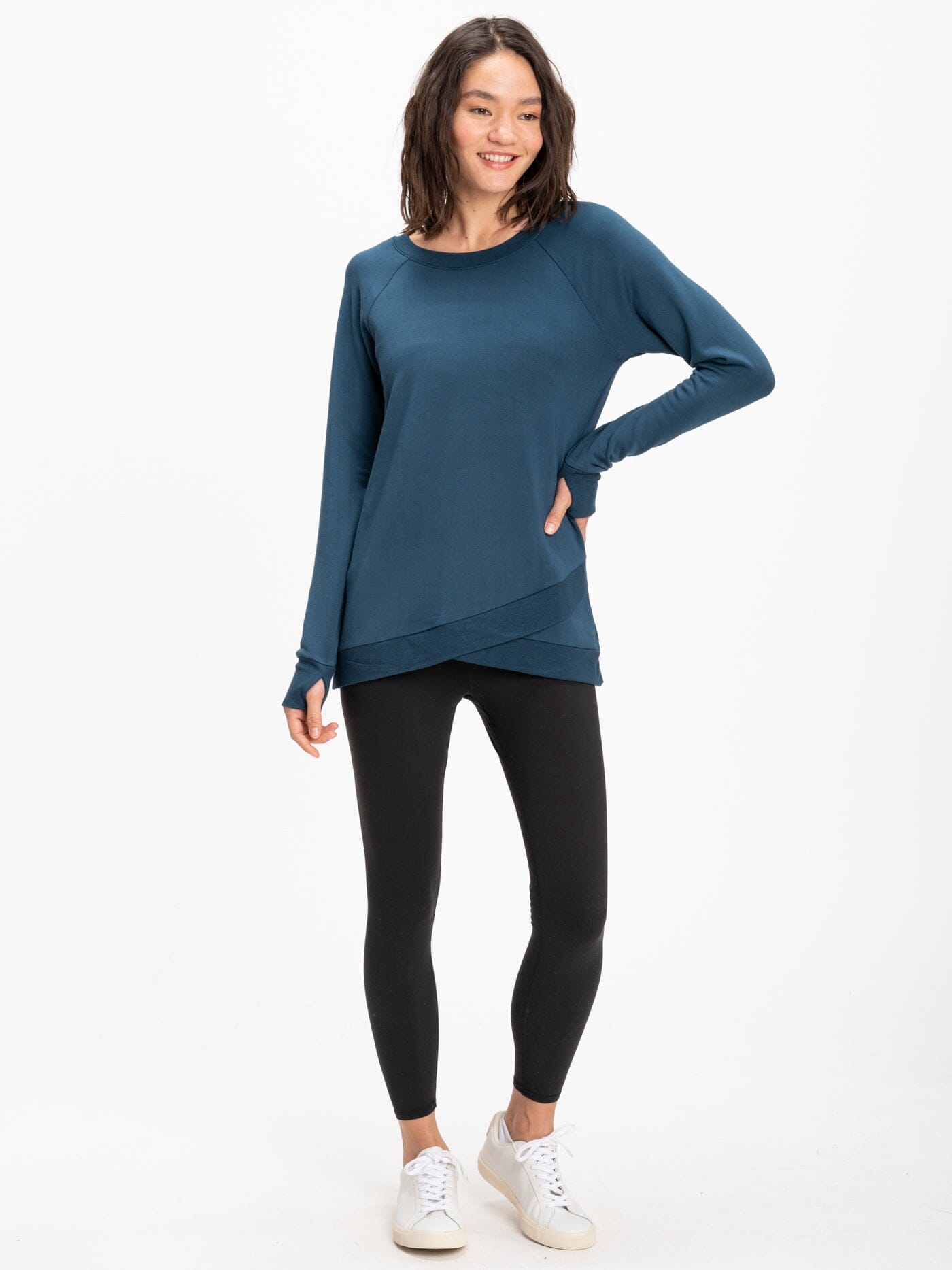 Leanna FeatherLoop Fleece Tulip-Hem Tunic in Teal and Blue
