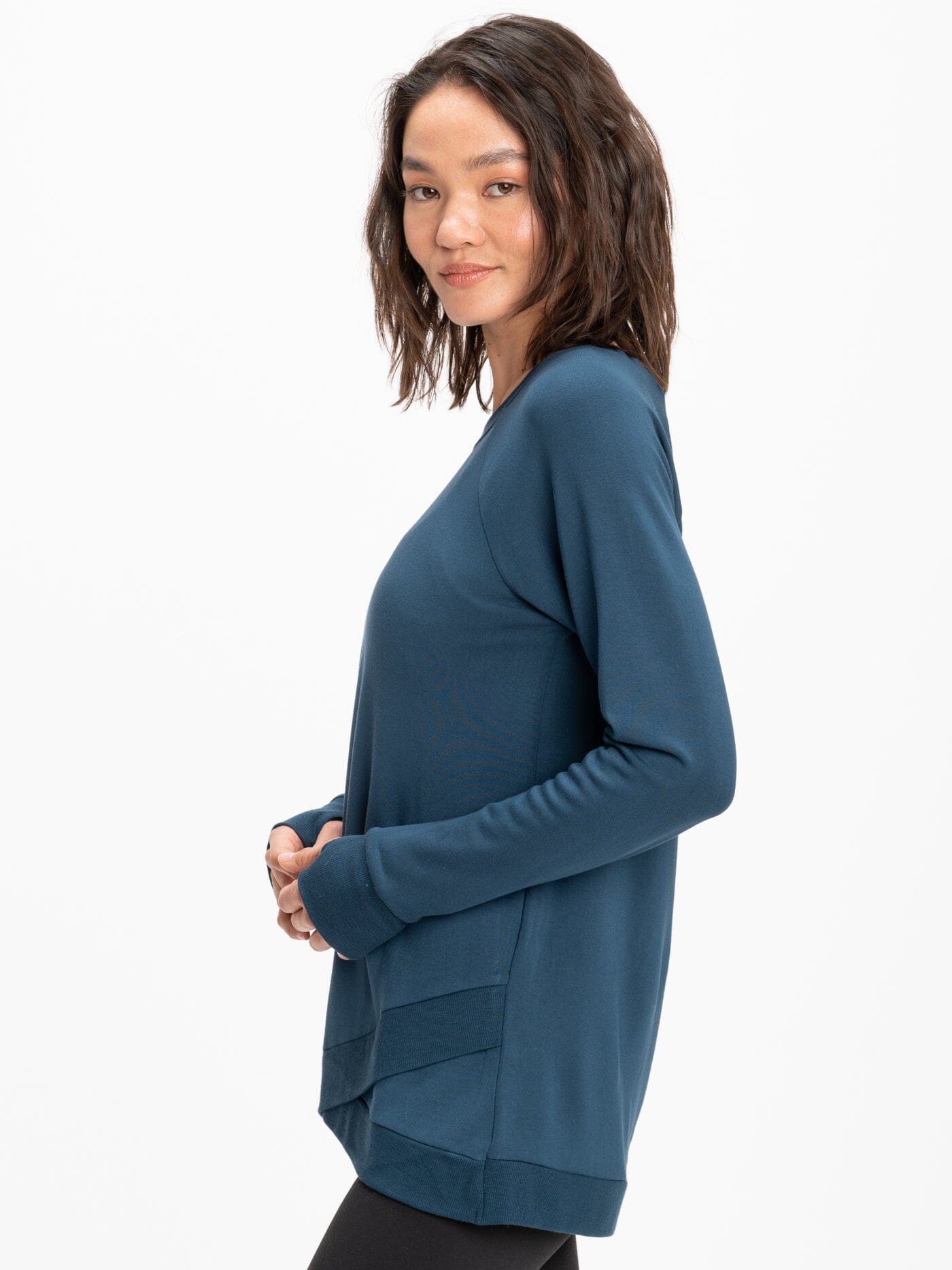 Leanna FeatherLoop Fleece Tulip-Hem Tunic in Teal and Blue