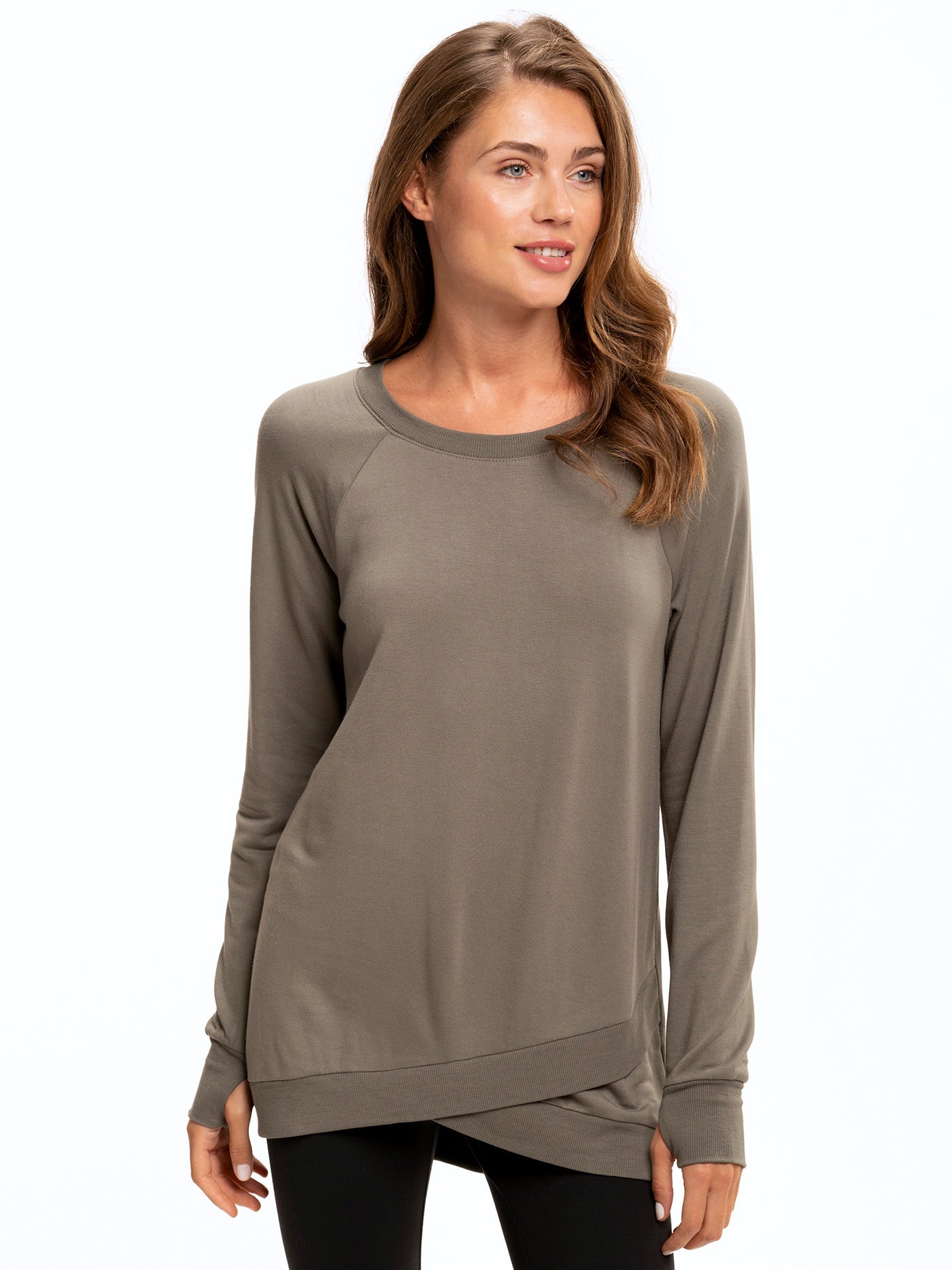 Leanna FeatherLoop Fleece Tulip-Hem Tunic in Olive-Green