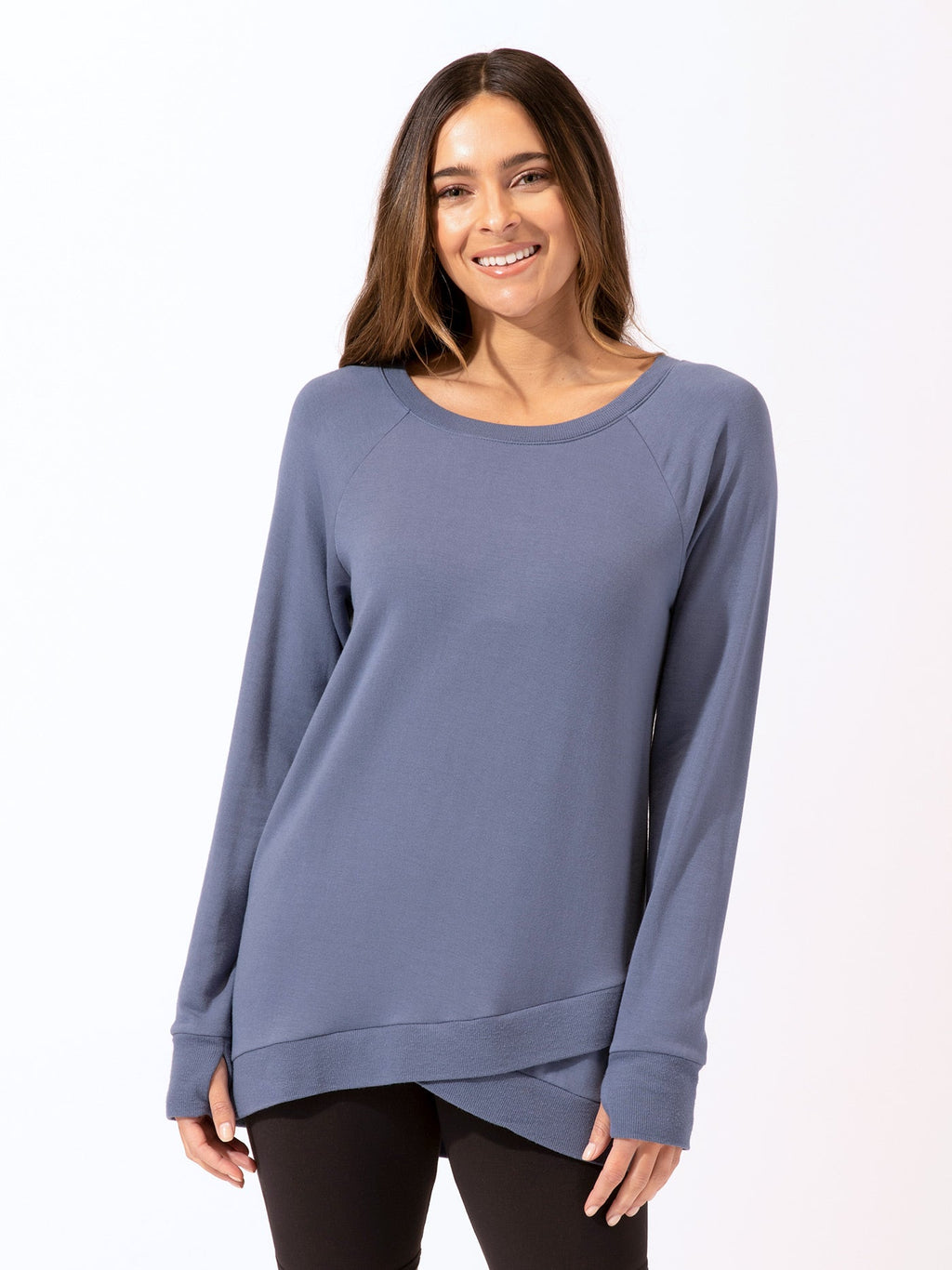 Blue Leanna feather fleece tunic featuring a stylish tulip hem and soft knit texture.