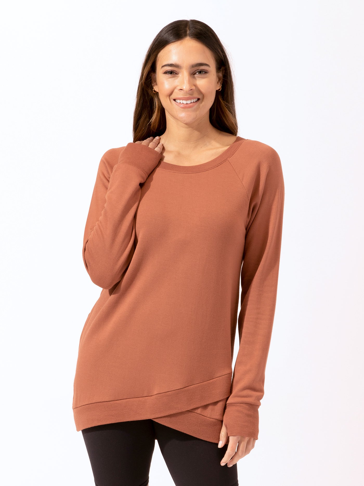 Leanna Feather Fleece Tunic in rust featuring a unique tulip hem
