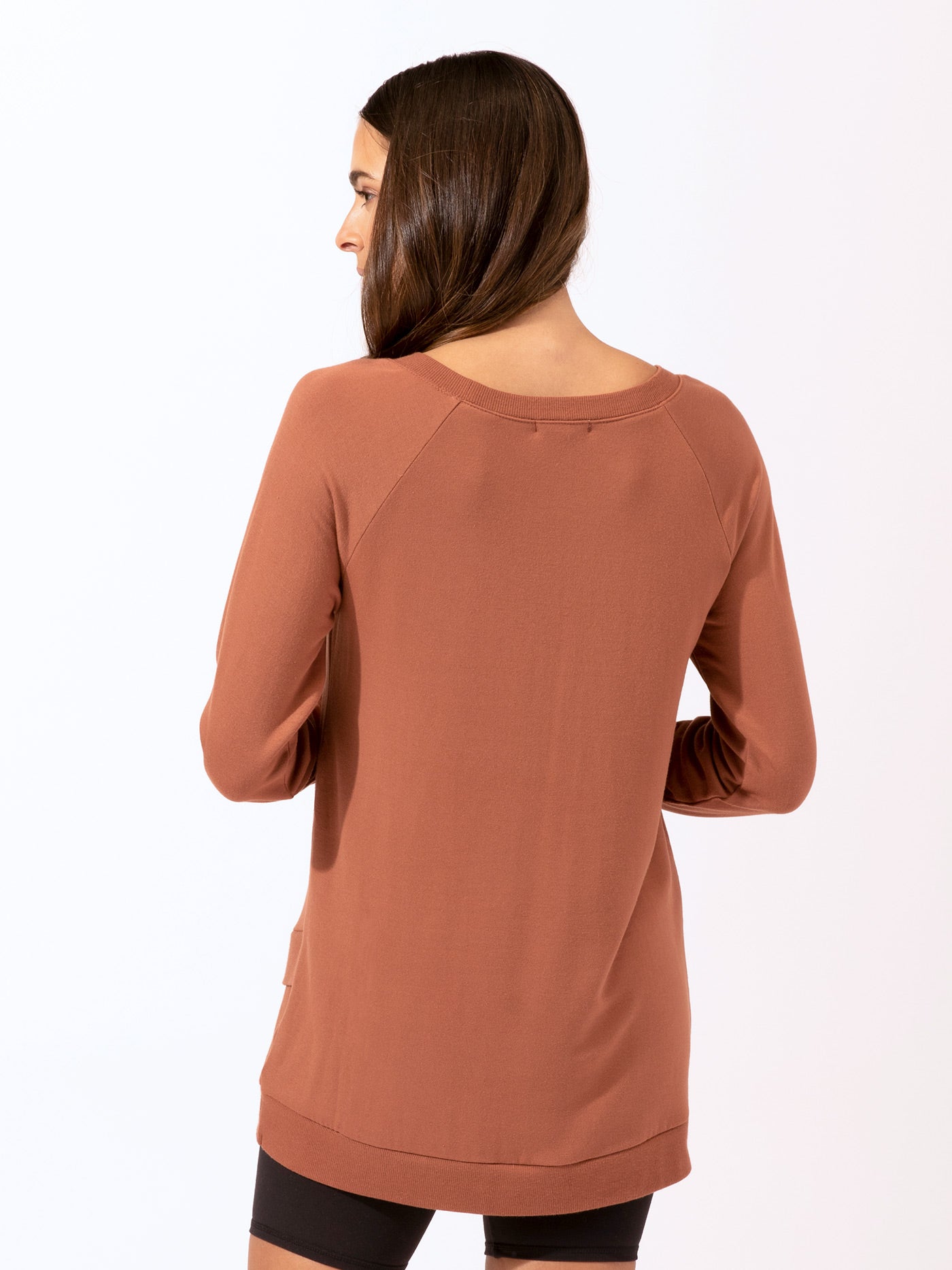 Leanna Feather Fleece Tunic with Tulip Hem in Rust