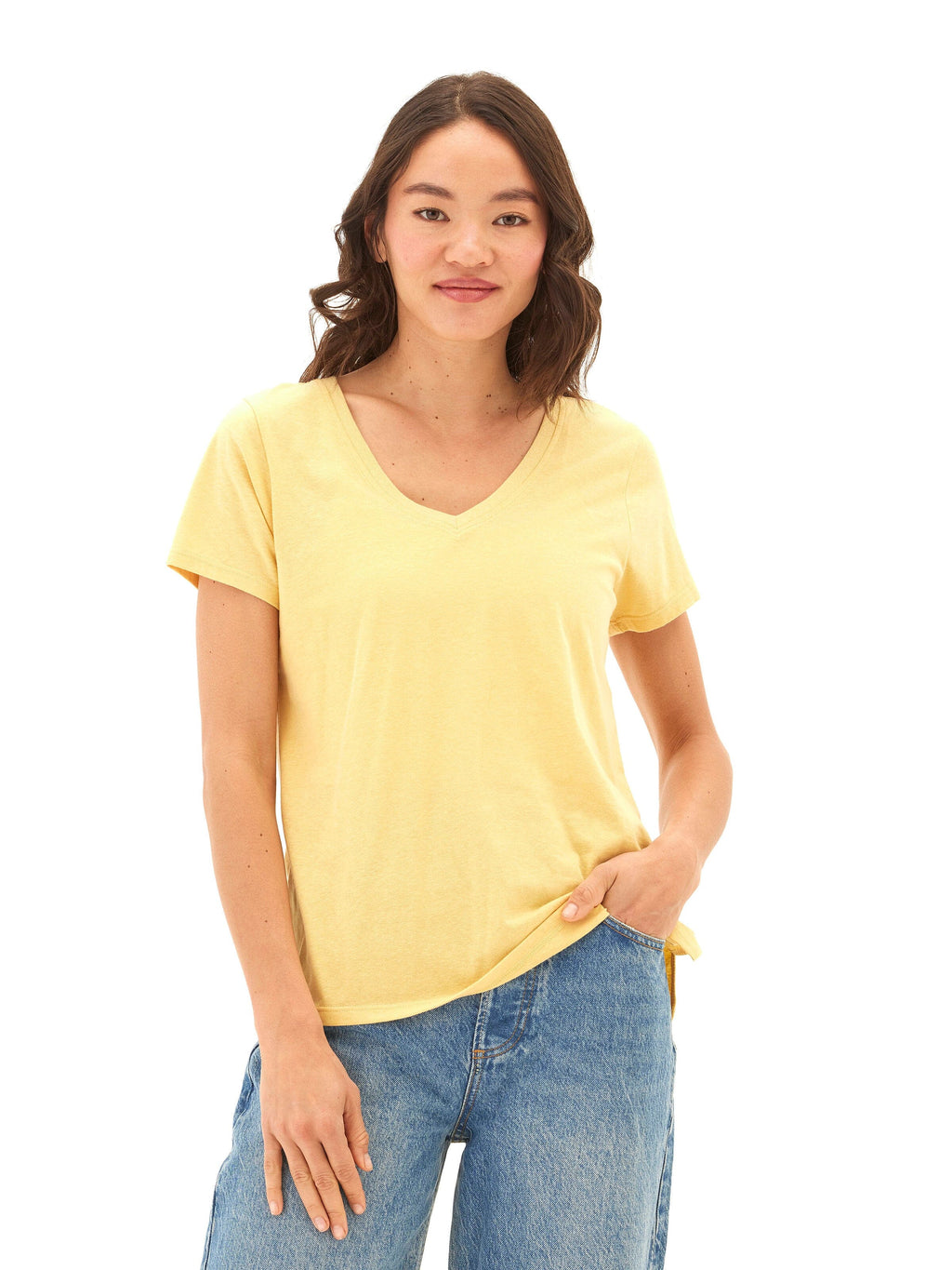 Women's yellow Pattie Triblend V-Neck Tee in a minimalist solid knit fabric.