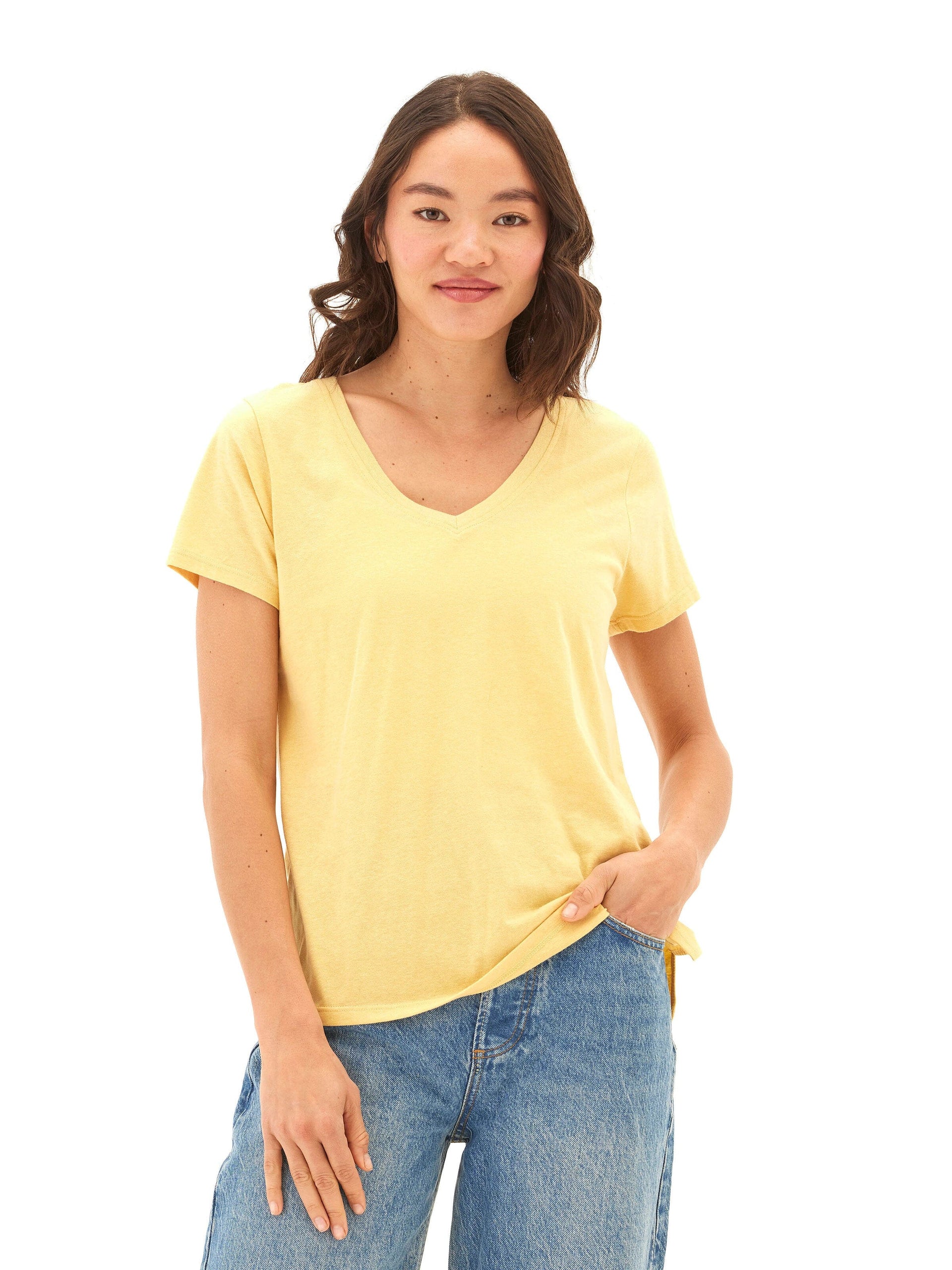 Women's yellow Pattie Triblend V-Neck Tee in a minimalist solid knit fabric.