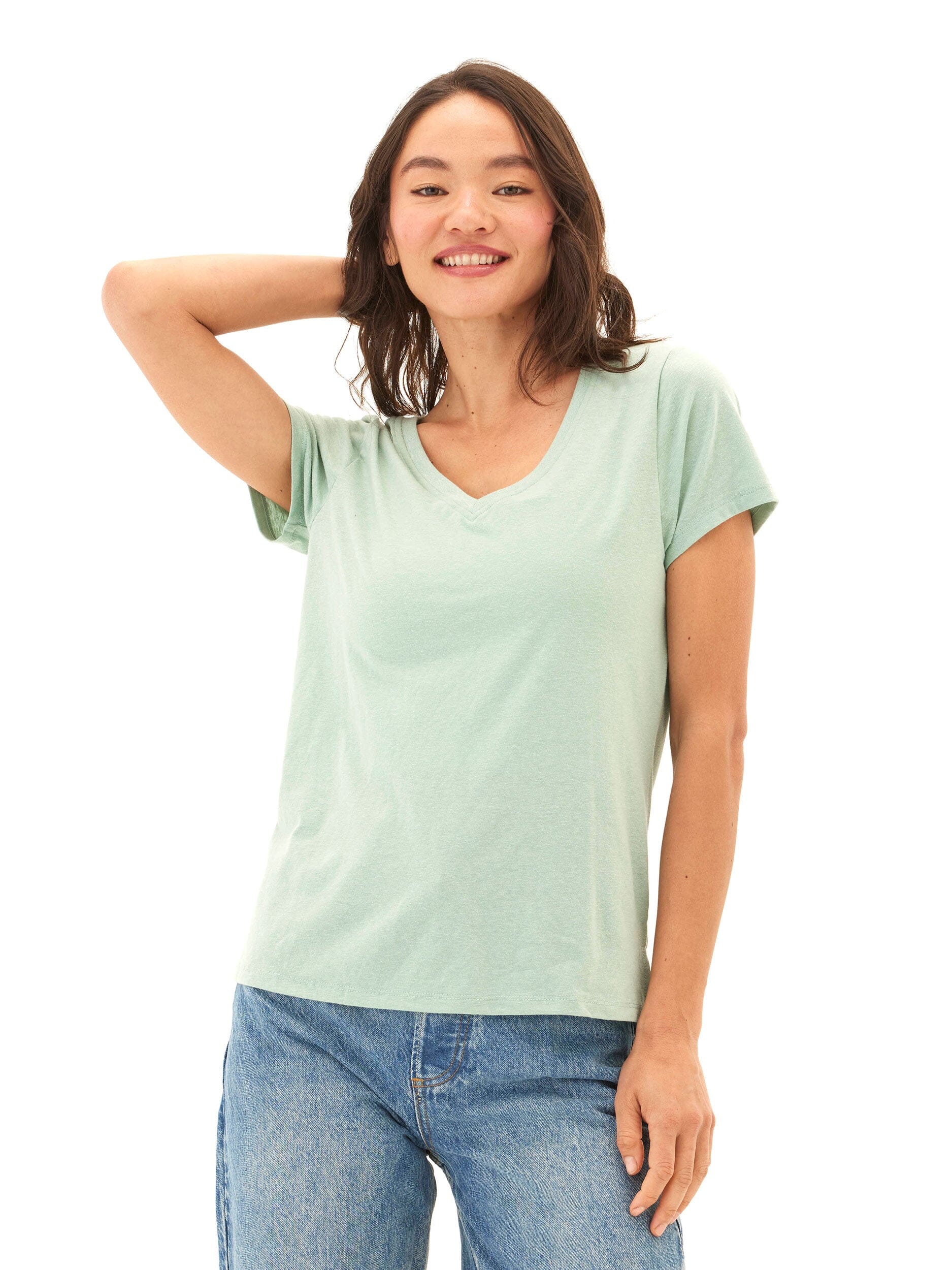 Pattie Triblend V-Neck Tee in Mint Green and Heathered White