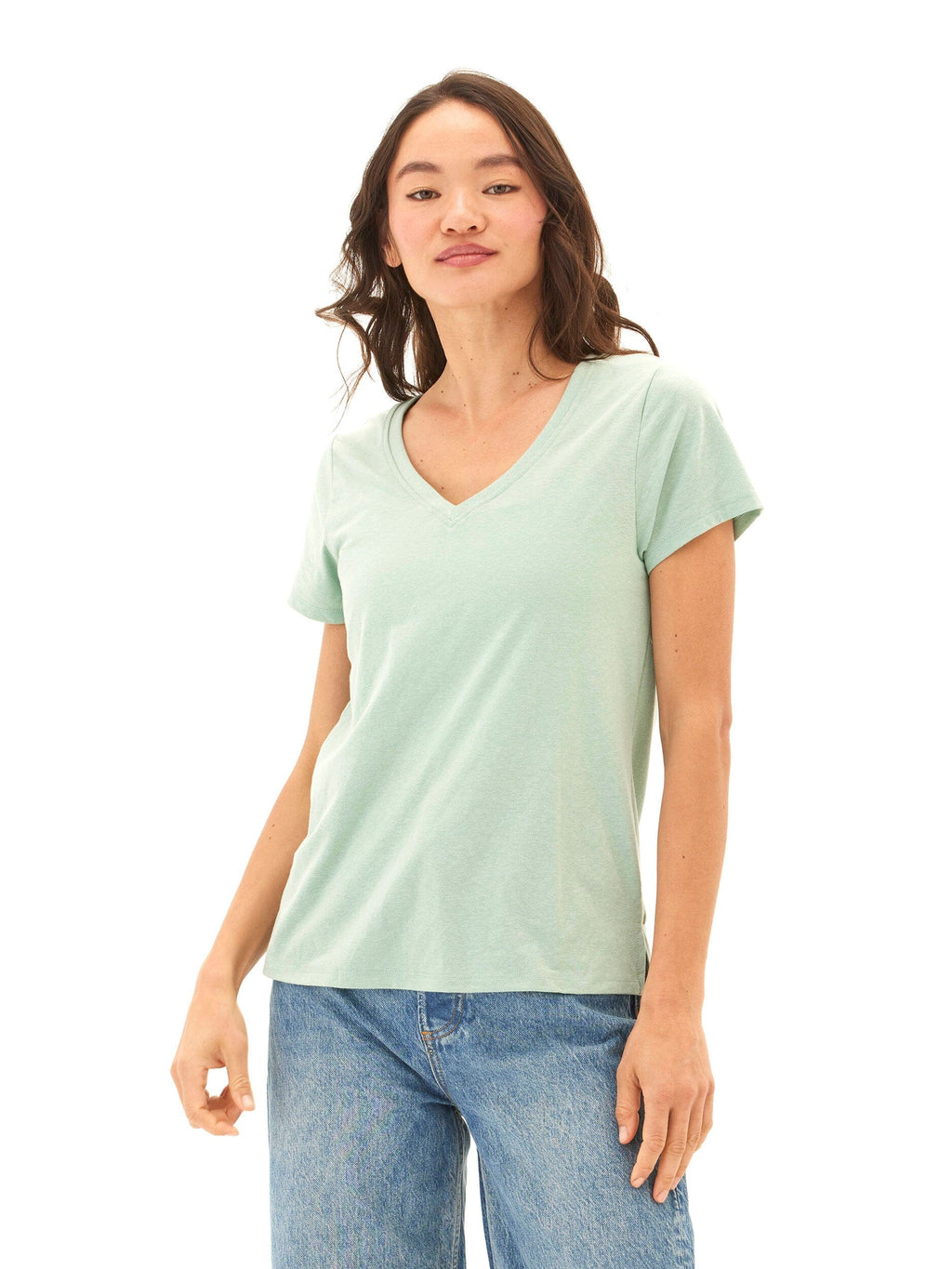 Pattie Triblend V-Neck Tee in Mint Green and Heathered White