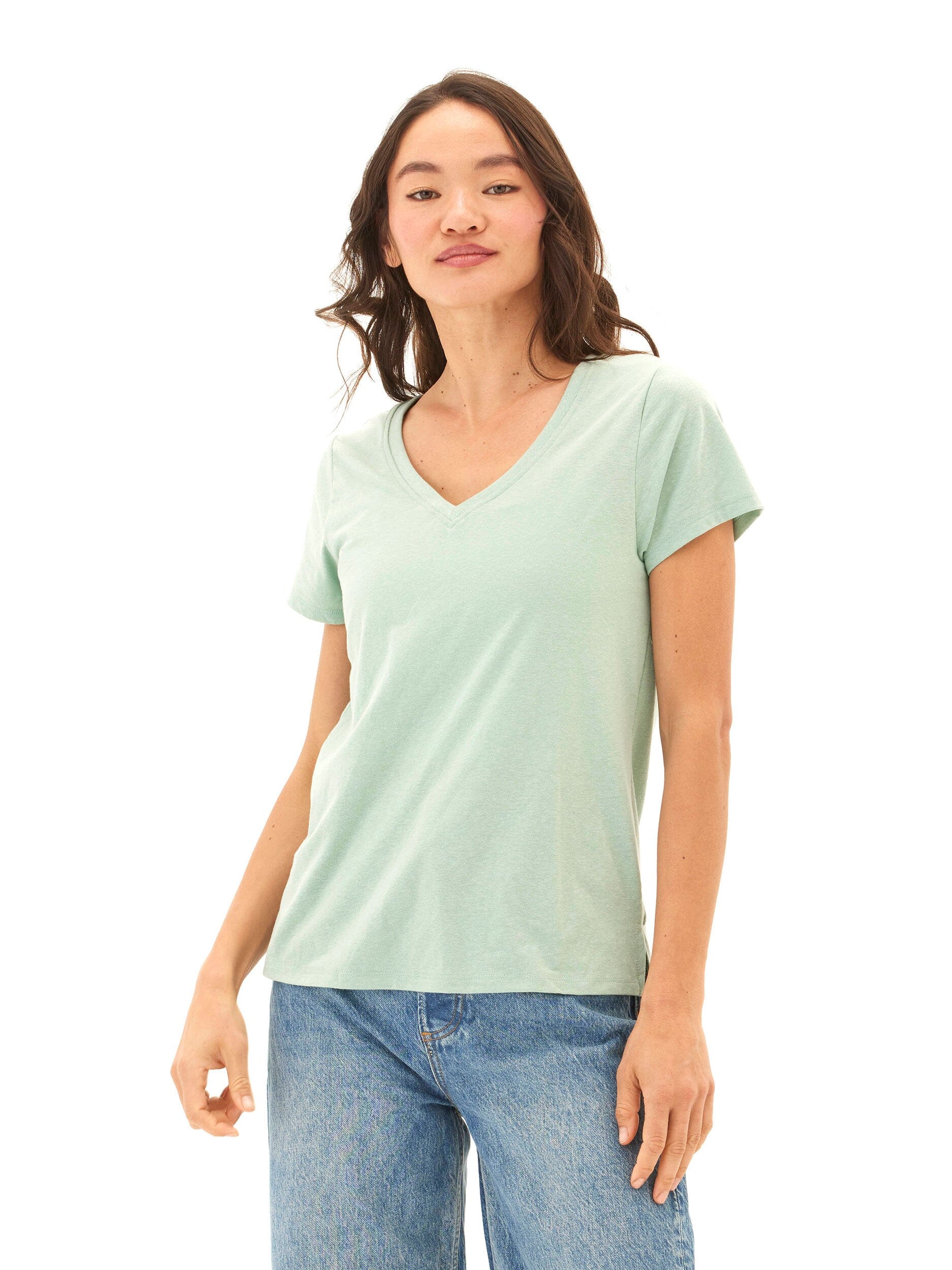 Pattie Triblend V-Neck Tee in Mint Green and Heathered White