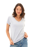 Women's Pattie Triblend V-Neck Tee in solid light blue, featuring a soft knit texture.